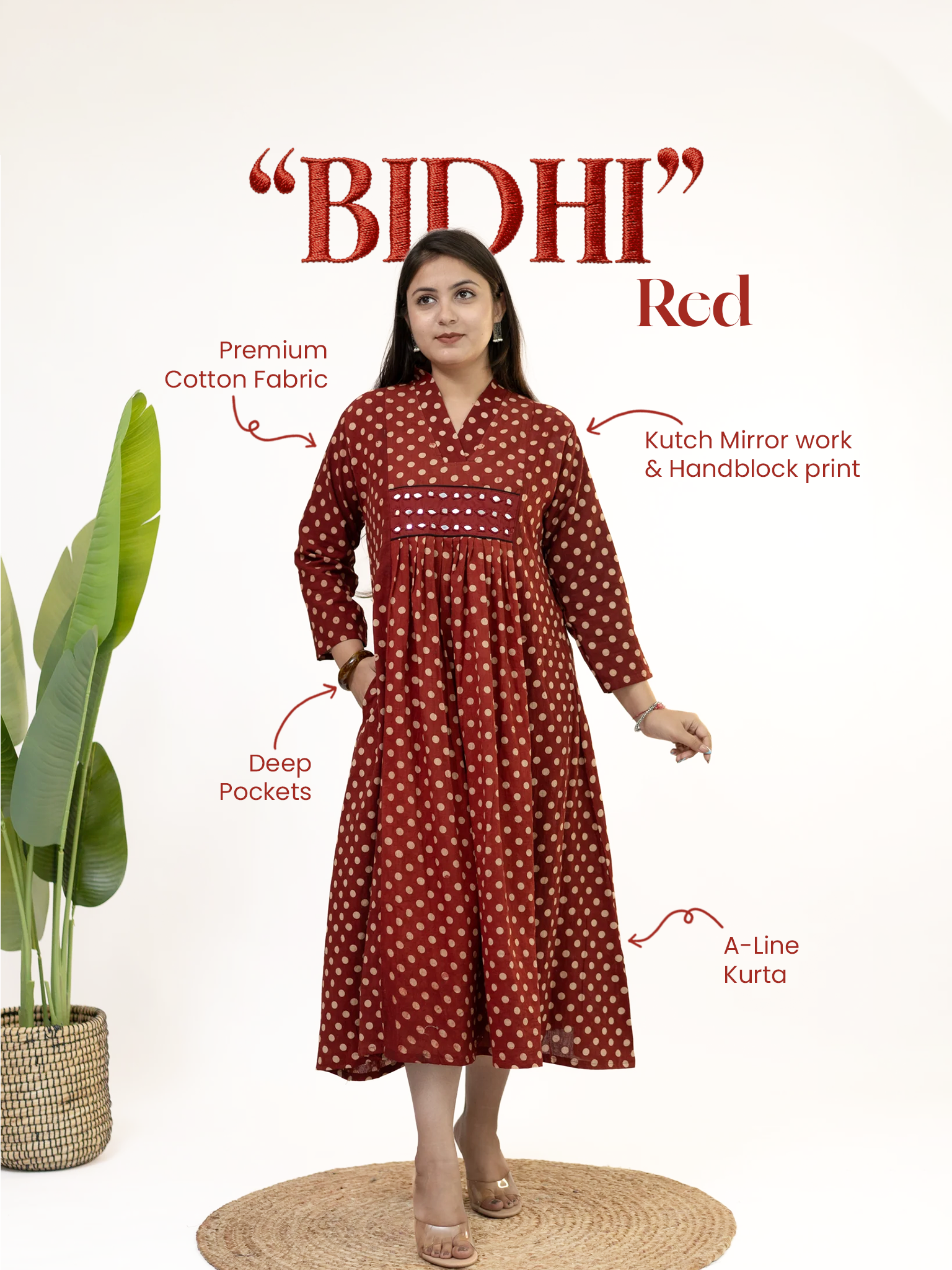 Bidhi Mul Cotton Red Polka Handblock Kutch Embroidered A-line Kurta