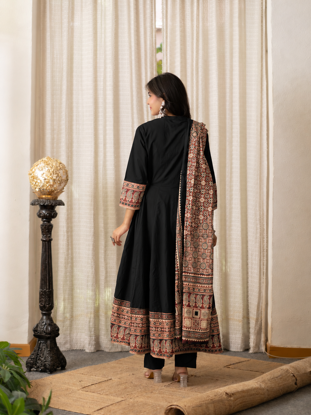 Savina Black Cotton HanEmbroidered Anarkali Dupatta Set