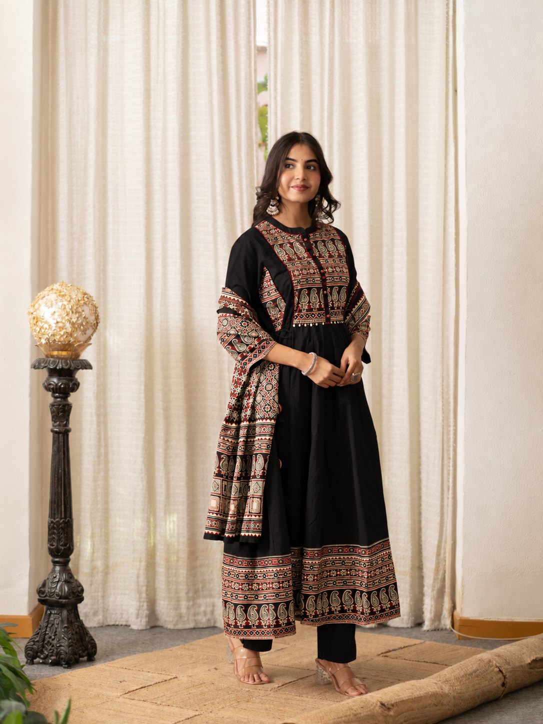 Savina Black Cotton HanEmbroidered Anarkali Dupatta Set