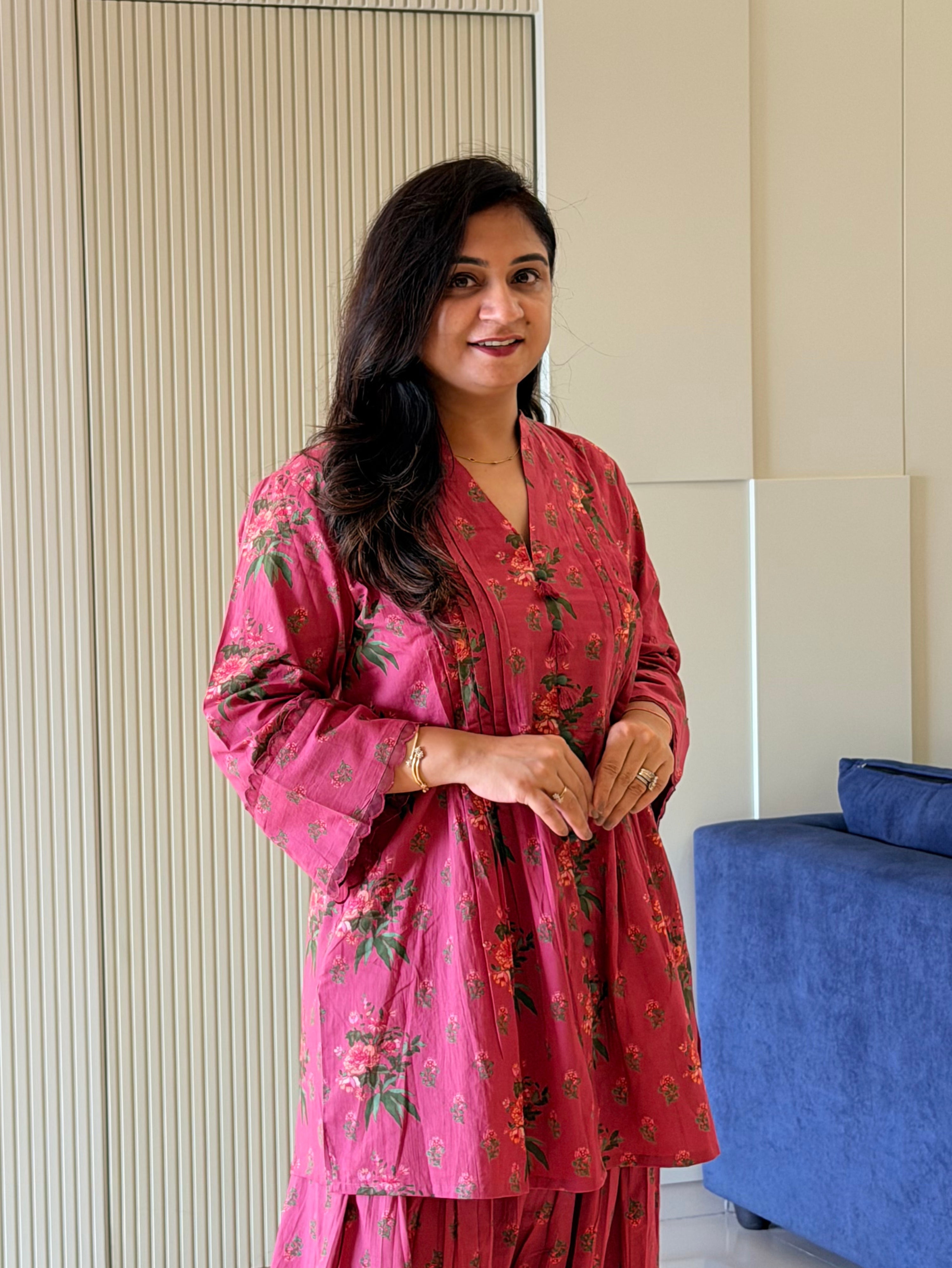 Zubeda Pink Cotton Floral A-line Farshi Coord Set