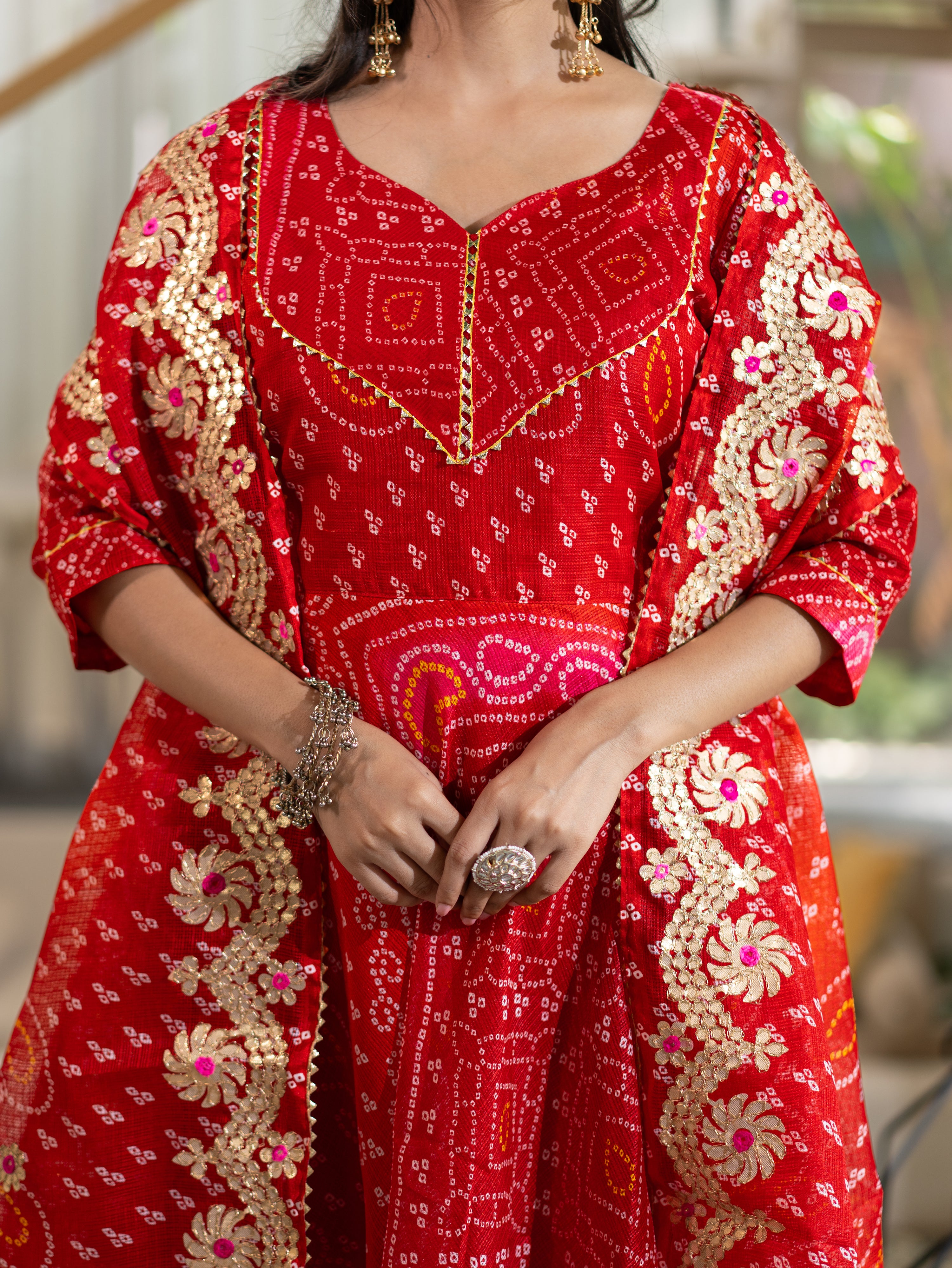 Nitya Red Bandhani Kota Doria Anarkali Dupatta set