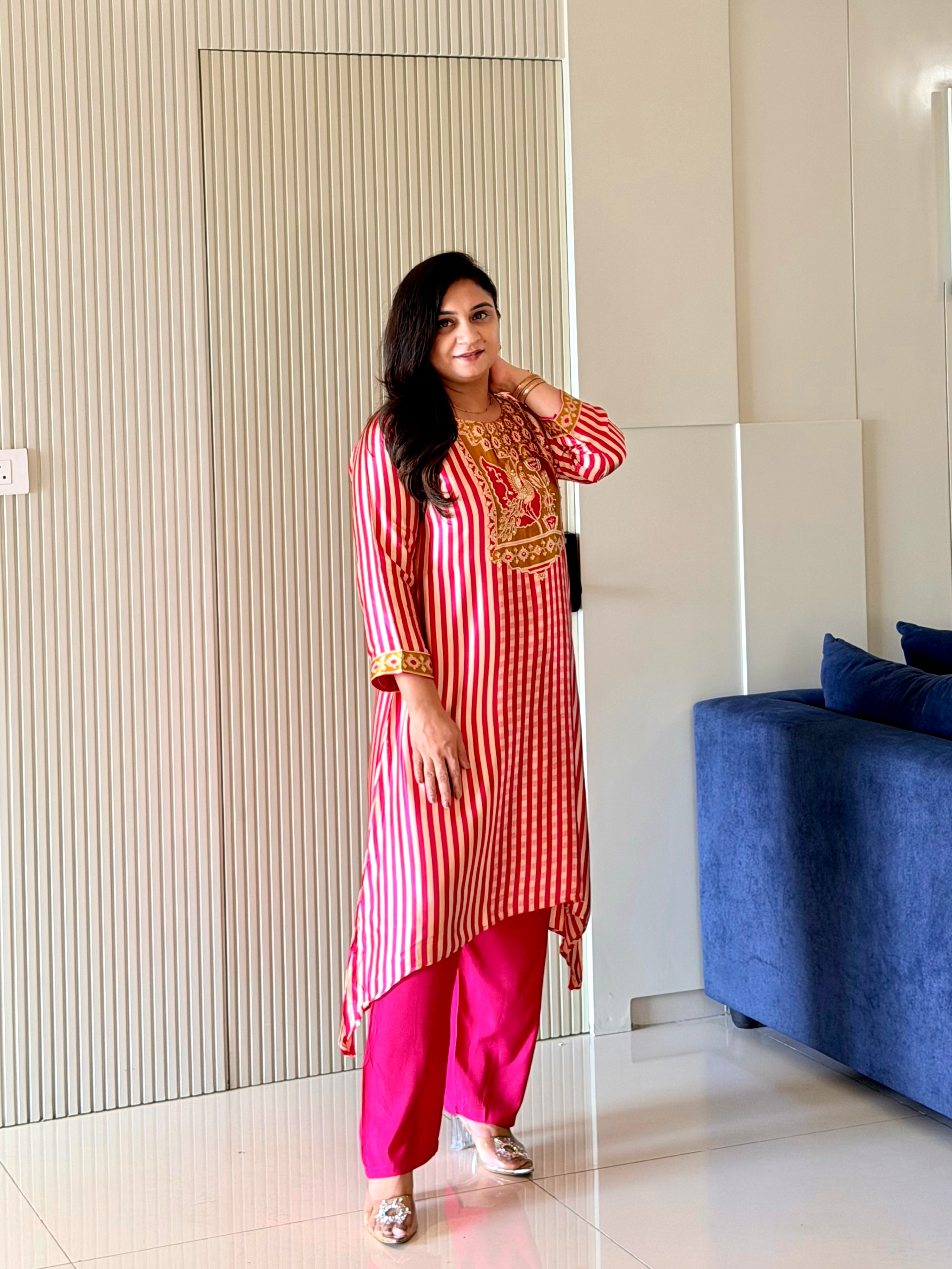 Rusha Pink Modal Asymmetric HandEmbroidered Kurta Set