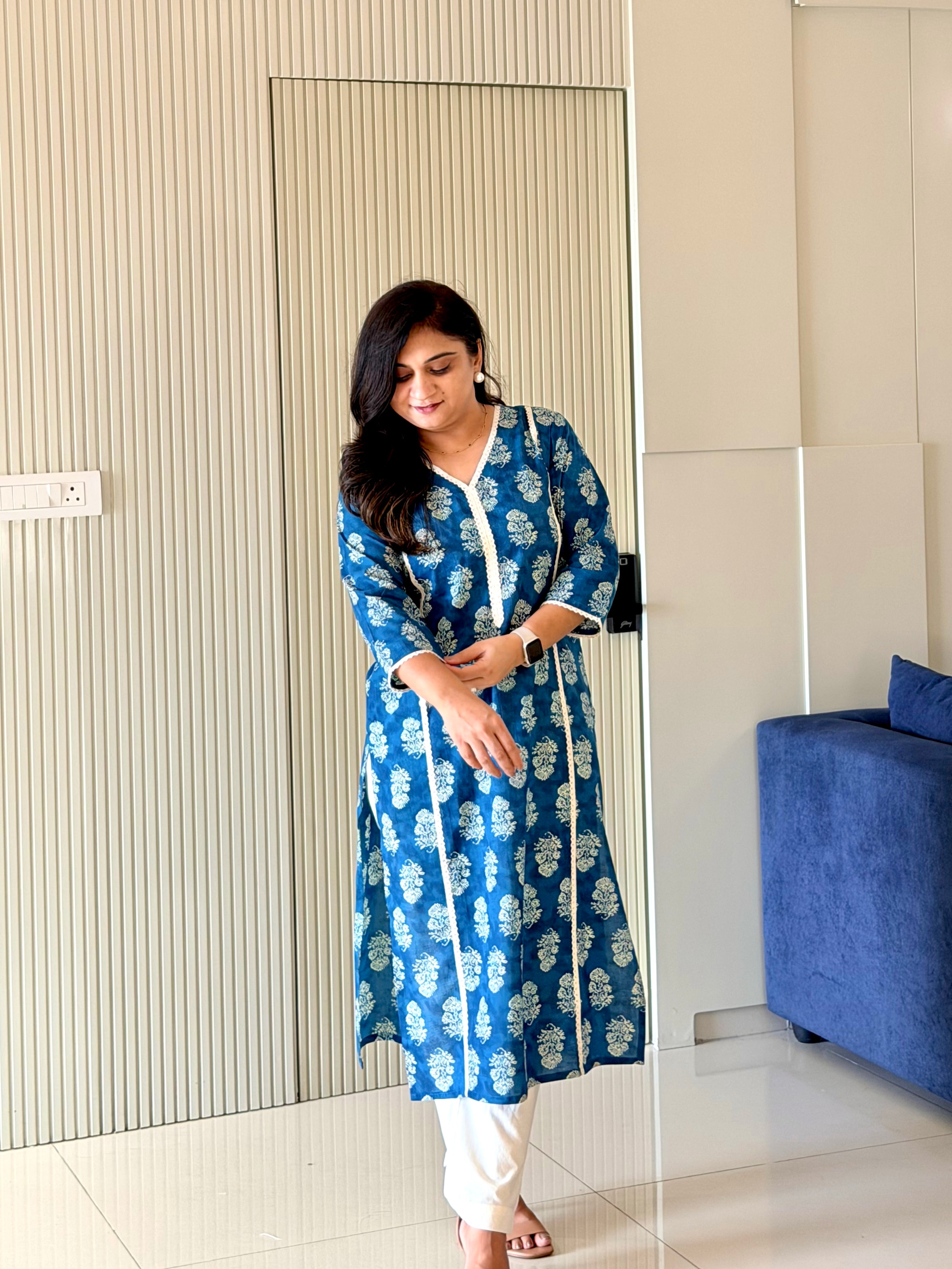 Fariha Deep Blue Cotton Floral Casual Straight Kurta
