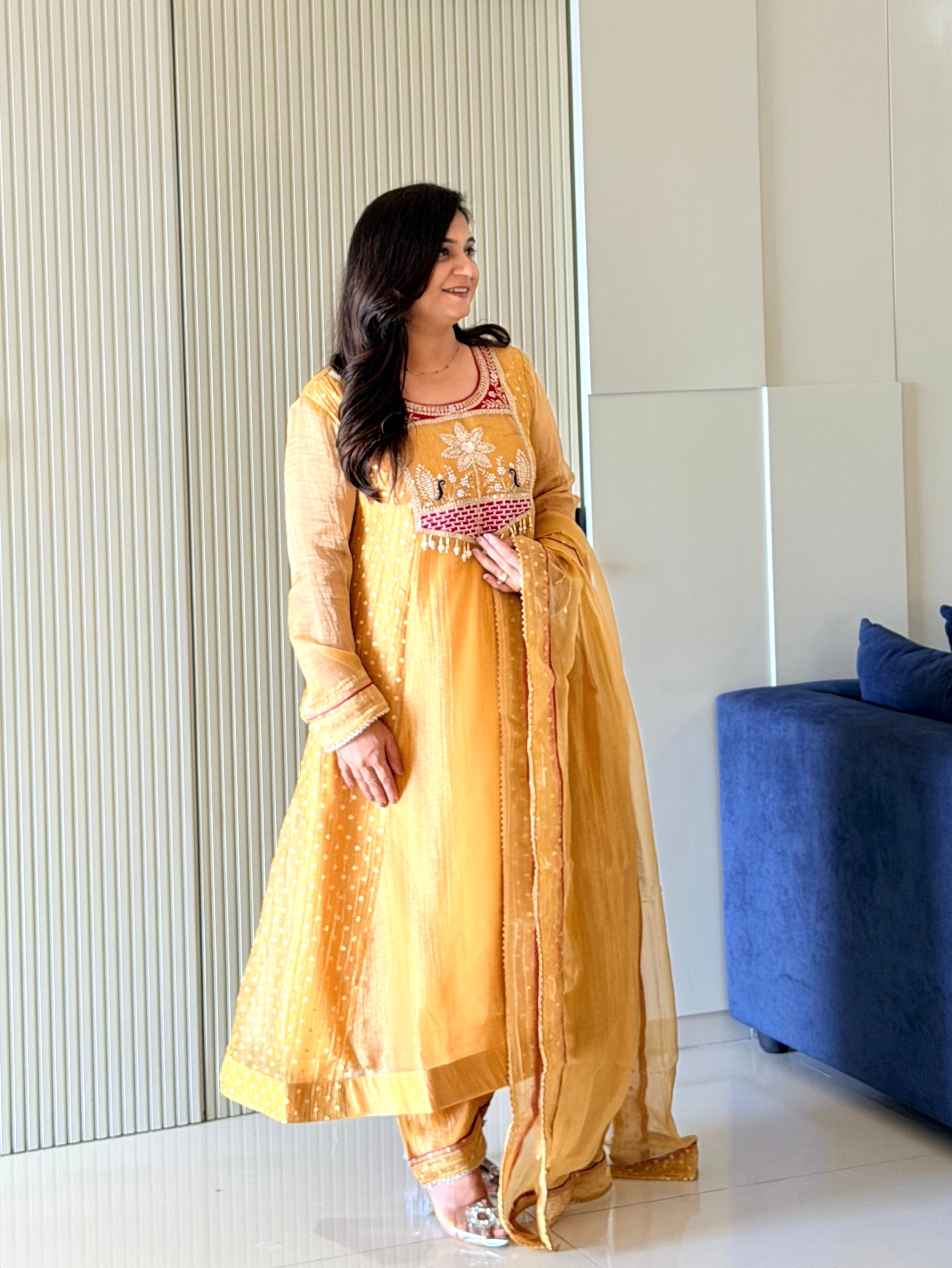 Rehana Yellow Shimmer Tissue Embroidered Anarkali Dupatta Set