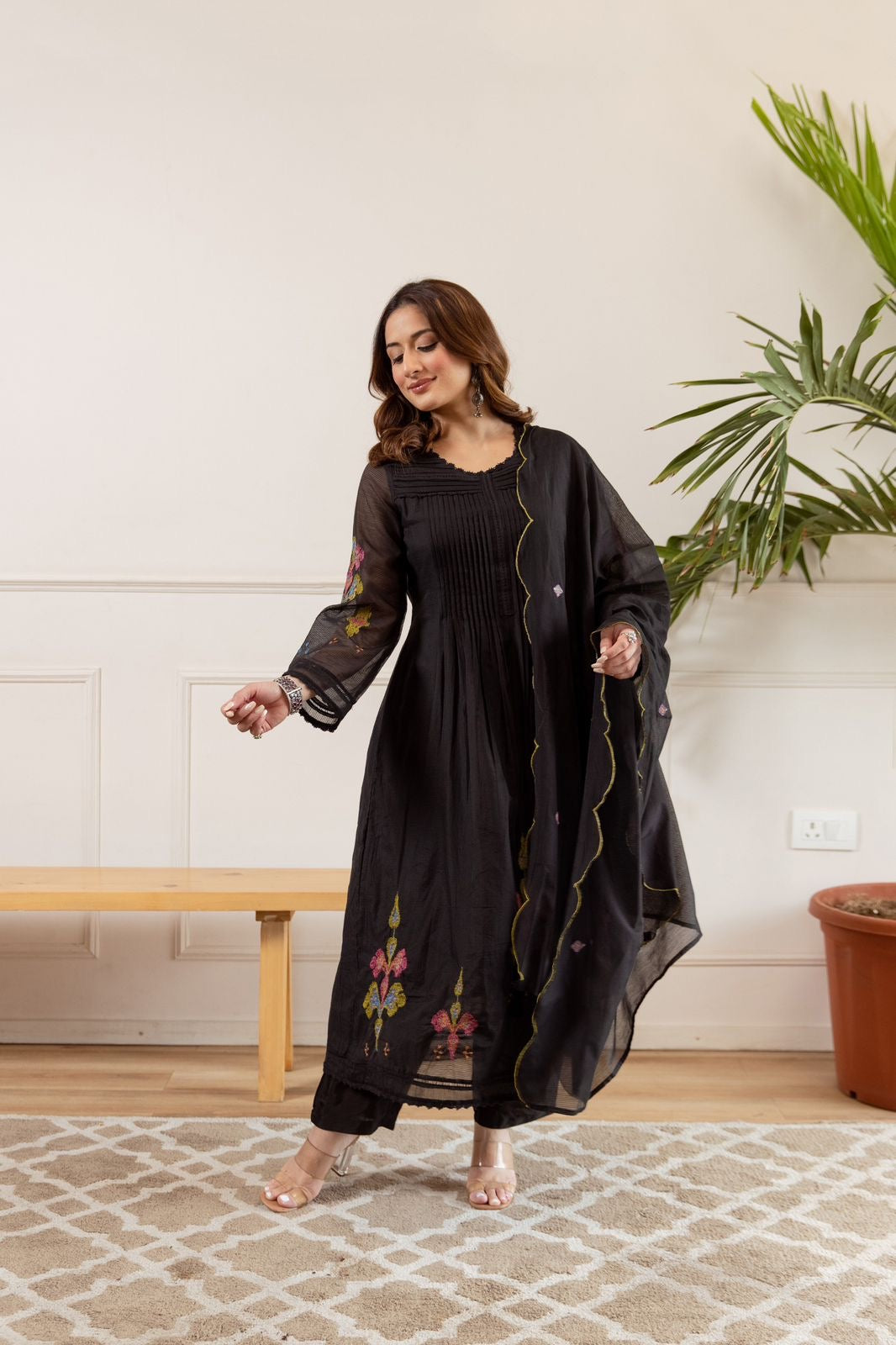 Zina Black Net Chanderi Embroidered Anarkali Set