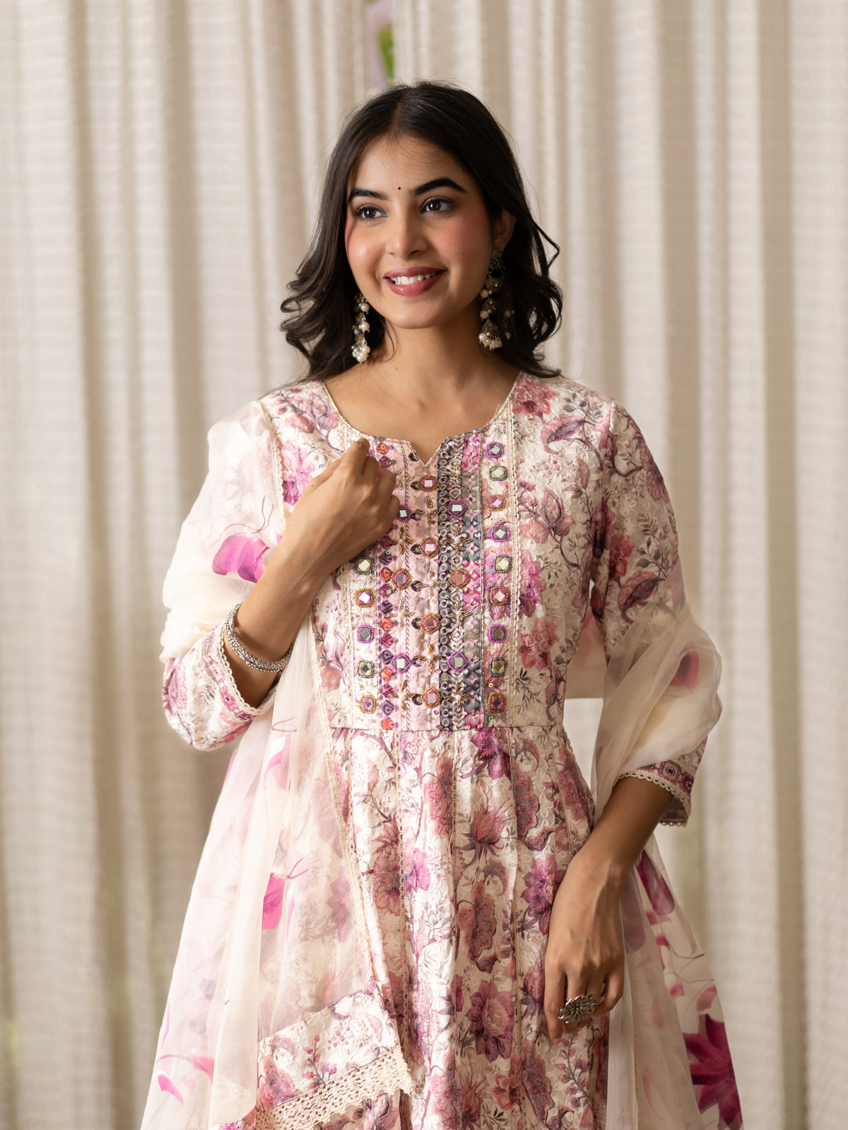 Seerat Pink Cotton Sciffili Embroidered Anarkali Set