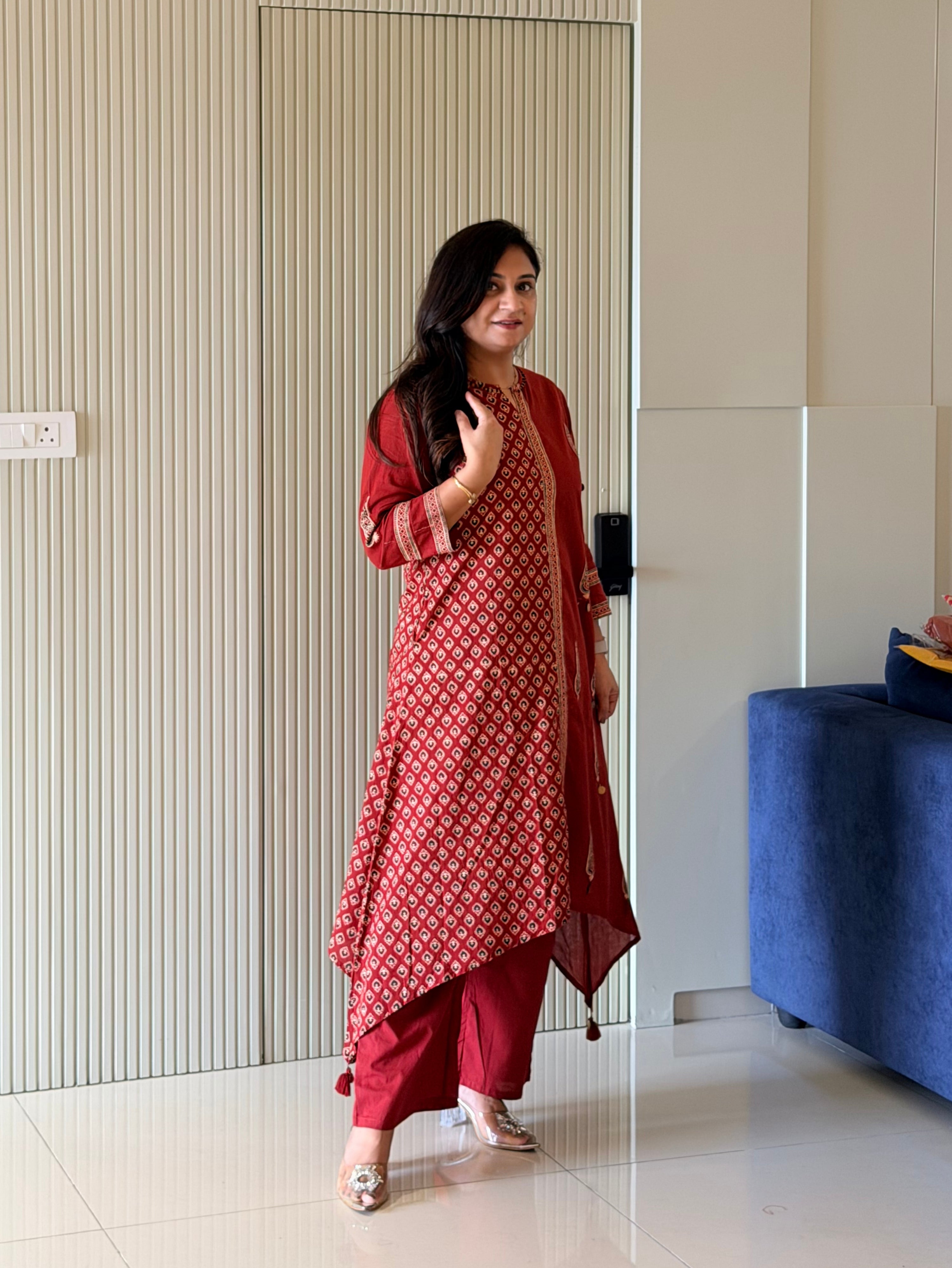 Laila Maroon Cotton Asymmetric Ajrakh Kurta Set