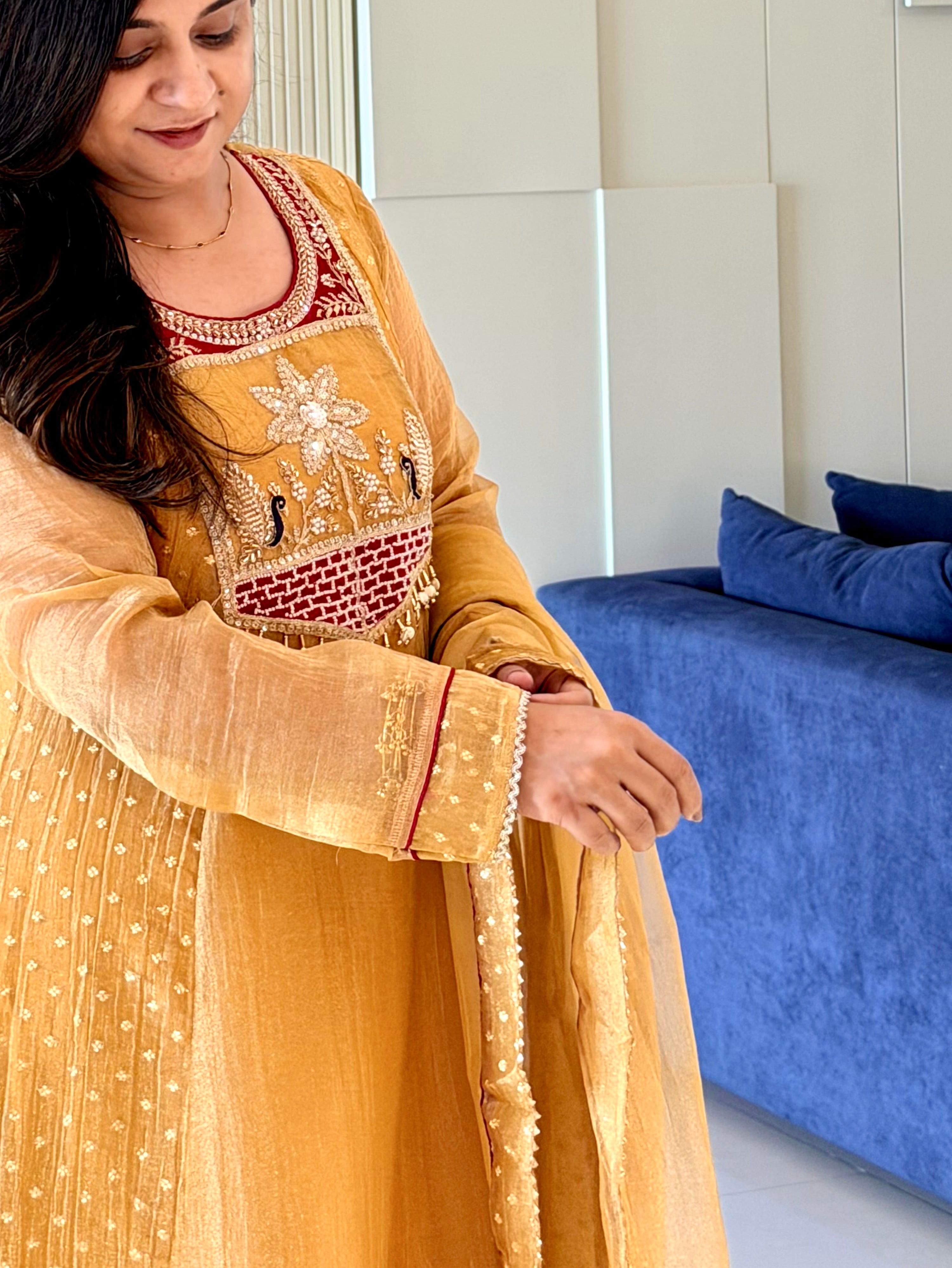 Rehana Yellow Shimmer Tissue Embroidered Anarkali Dupatta Set