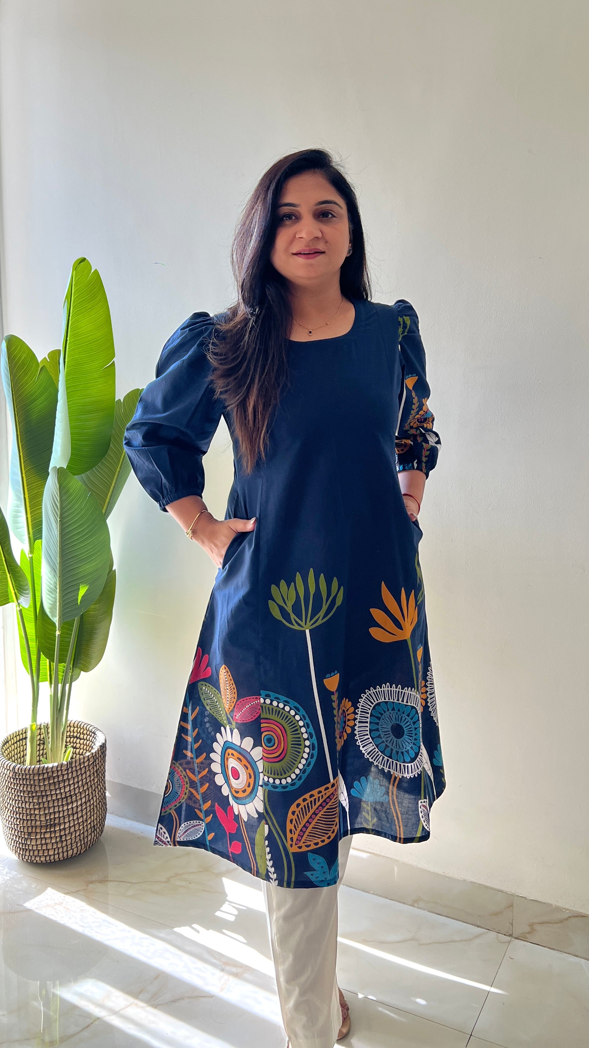 Blue Cotton Floral A-line Kurta