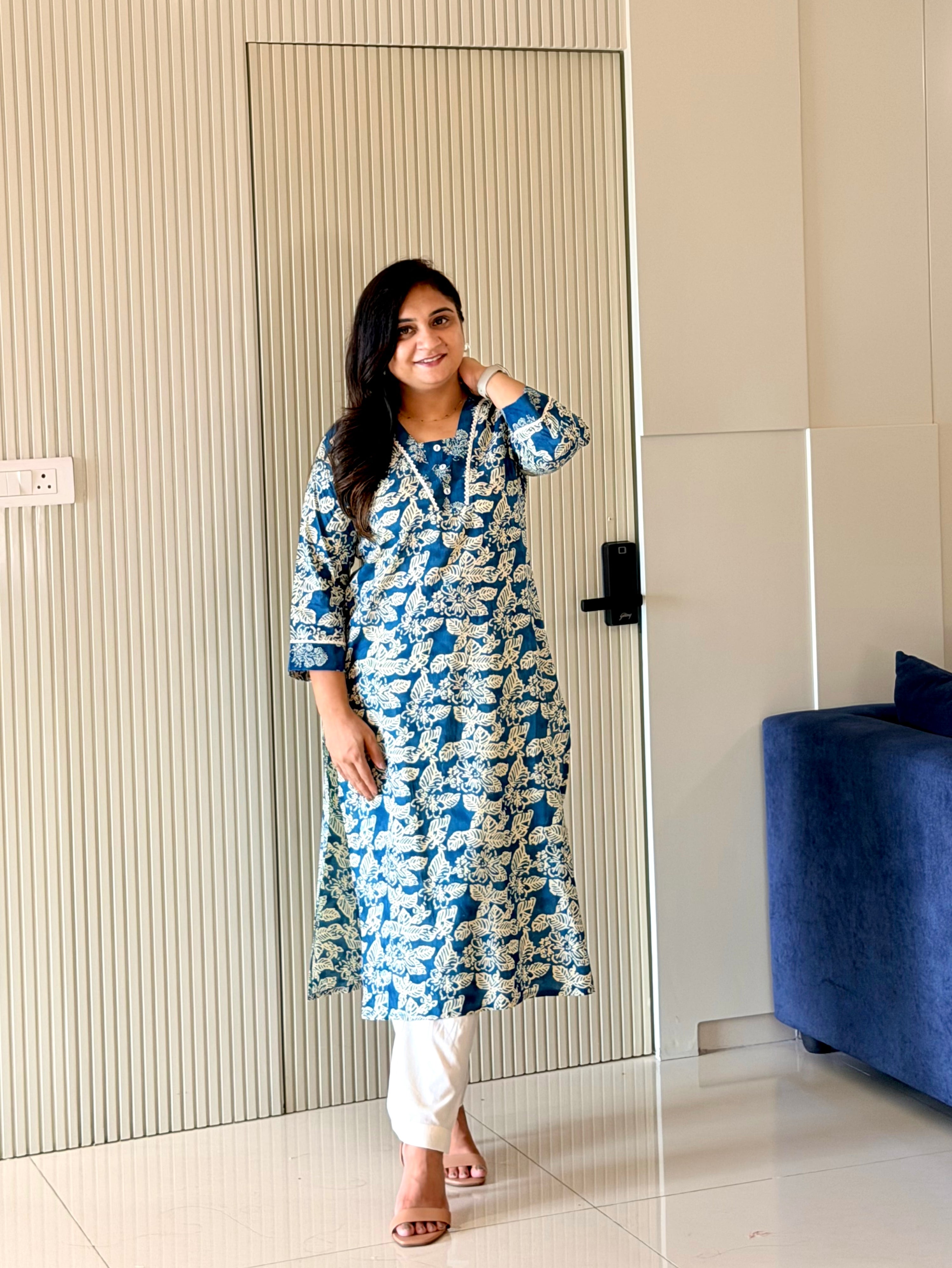 Fariha Cobalt Blue Cotton Floral Casual Straight Kurta