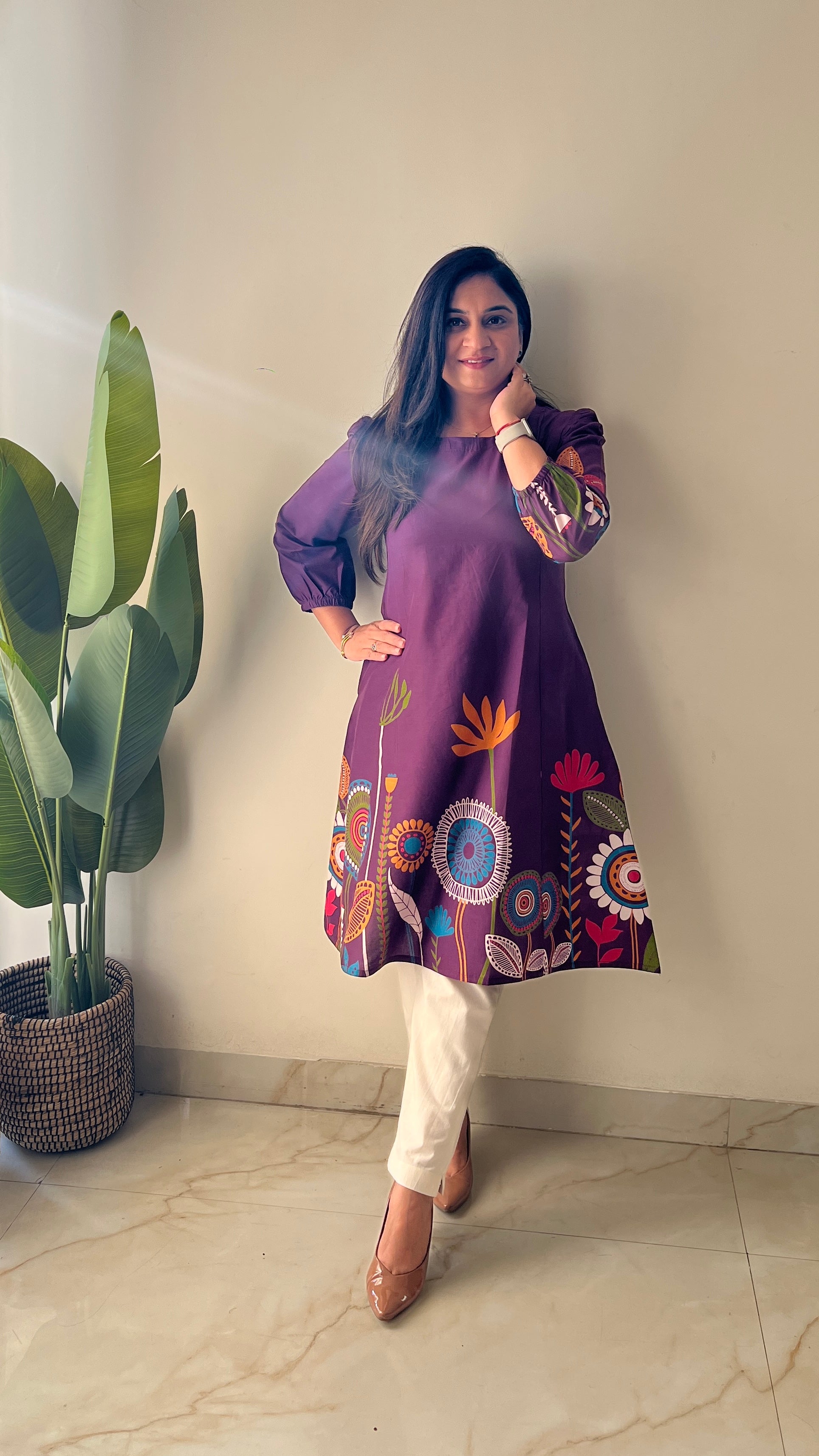 Purple Cotton Floral A-line Kurta