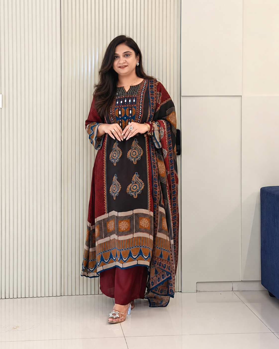Rusha Maroon Natural Crape Asymmetric HandEmbroidered Dupatta Set