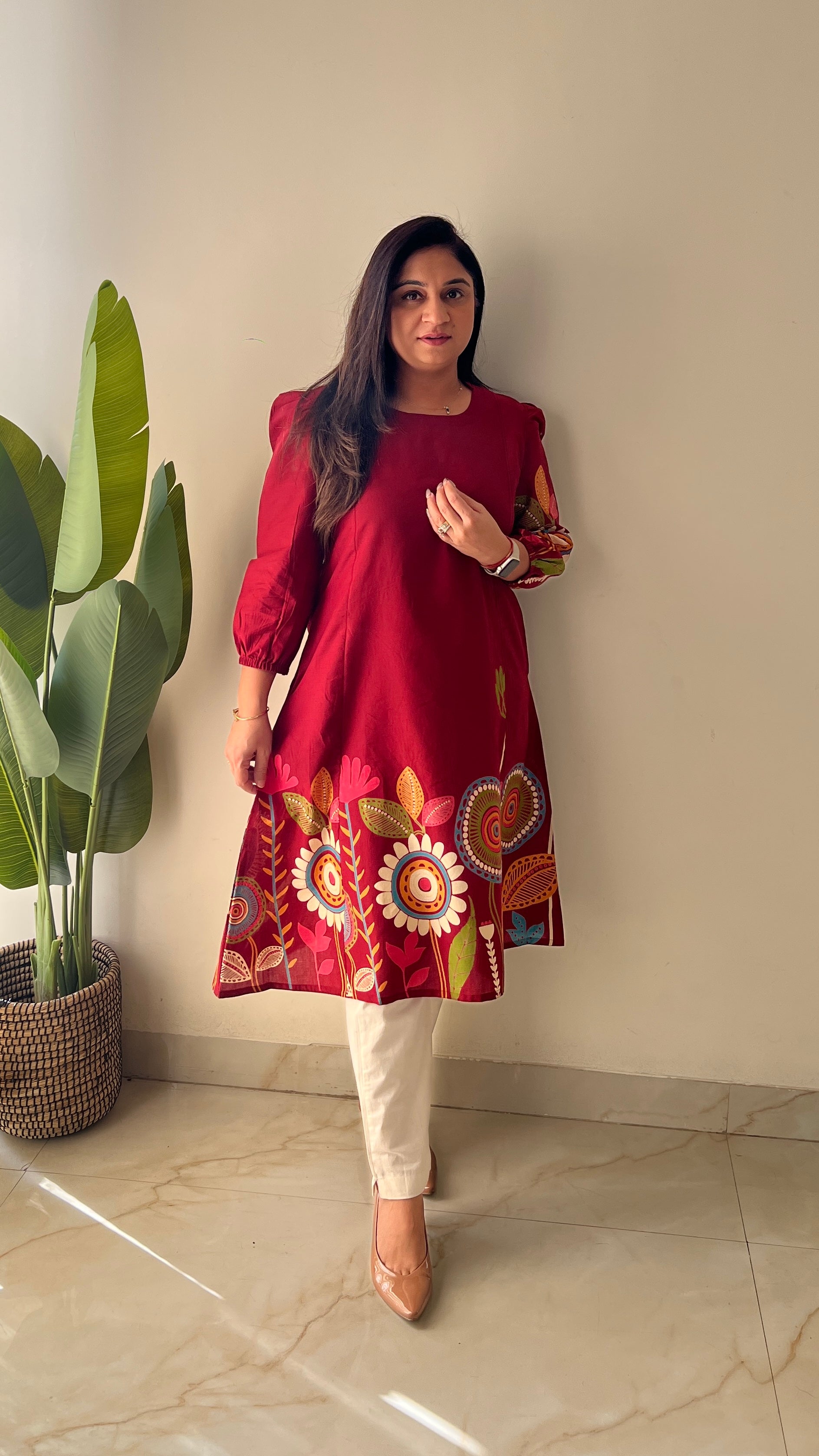 Red Cotton Floral A-line Kurta
