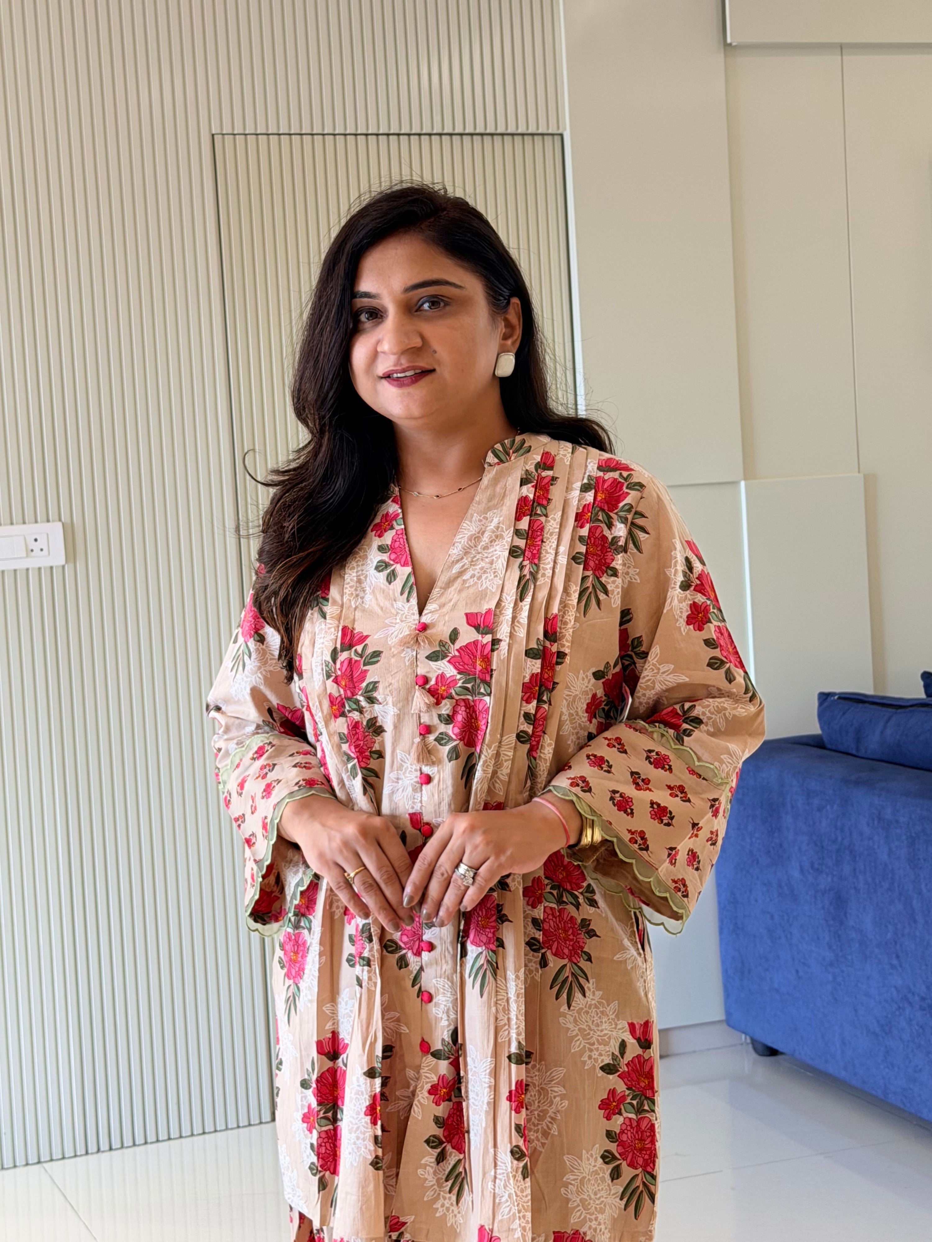 Zubeda Beige Cotton Floral A-line Farshi Coord  Set