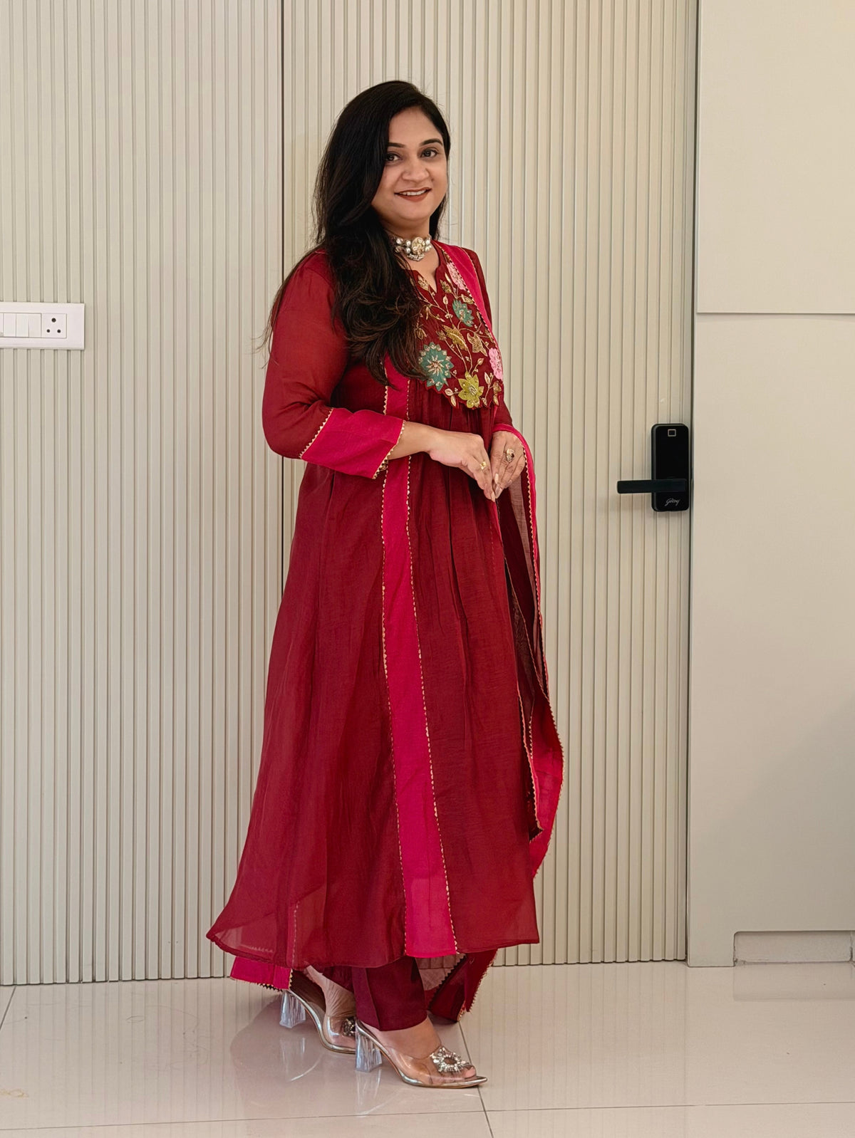 Sejal Mergenta Pink Mul Chanderi HandEmbroidered A-line Dupatta Set