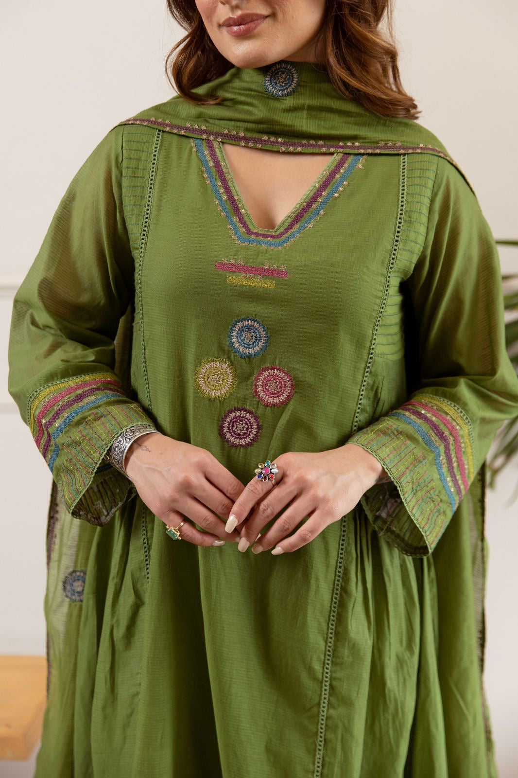 Zola Green Net Chanderi Embroidered Anarkali Set