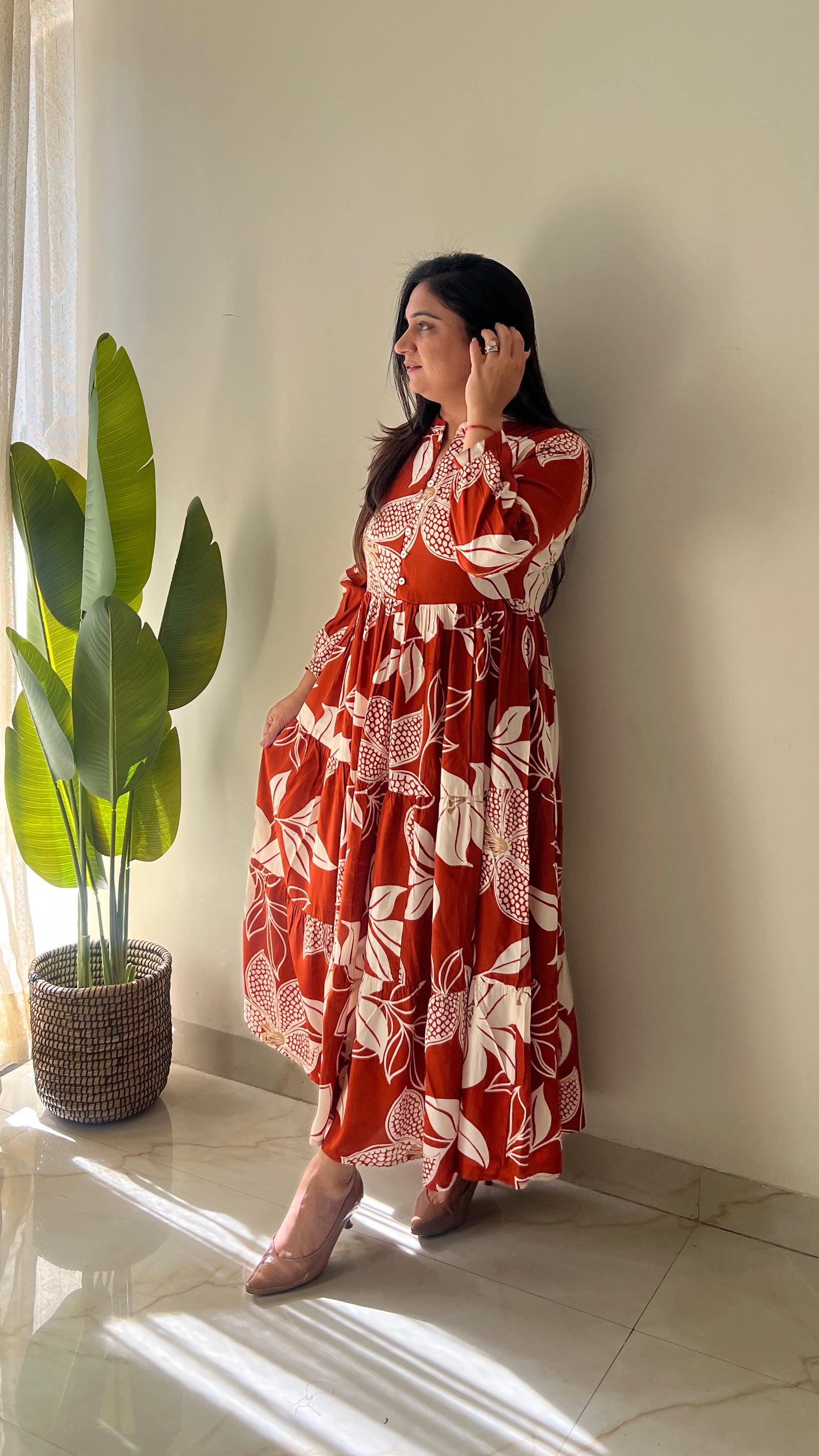 Sarfa Rust Crystal Muslin Casual Long Dress