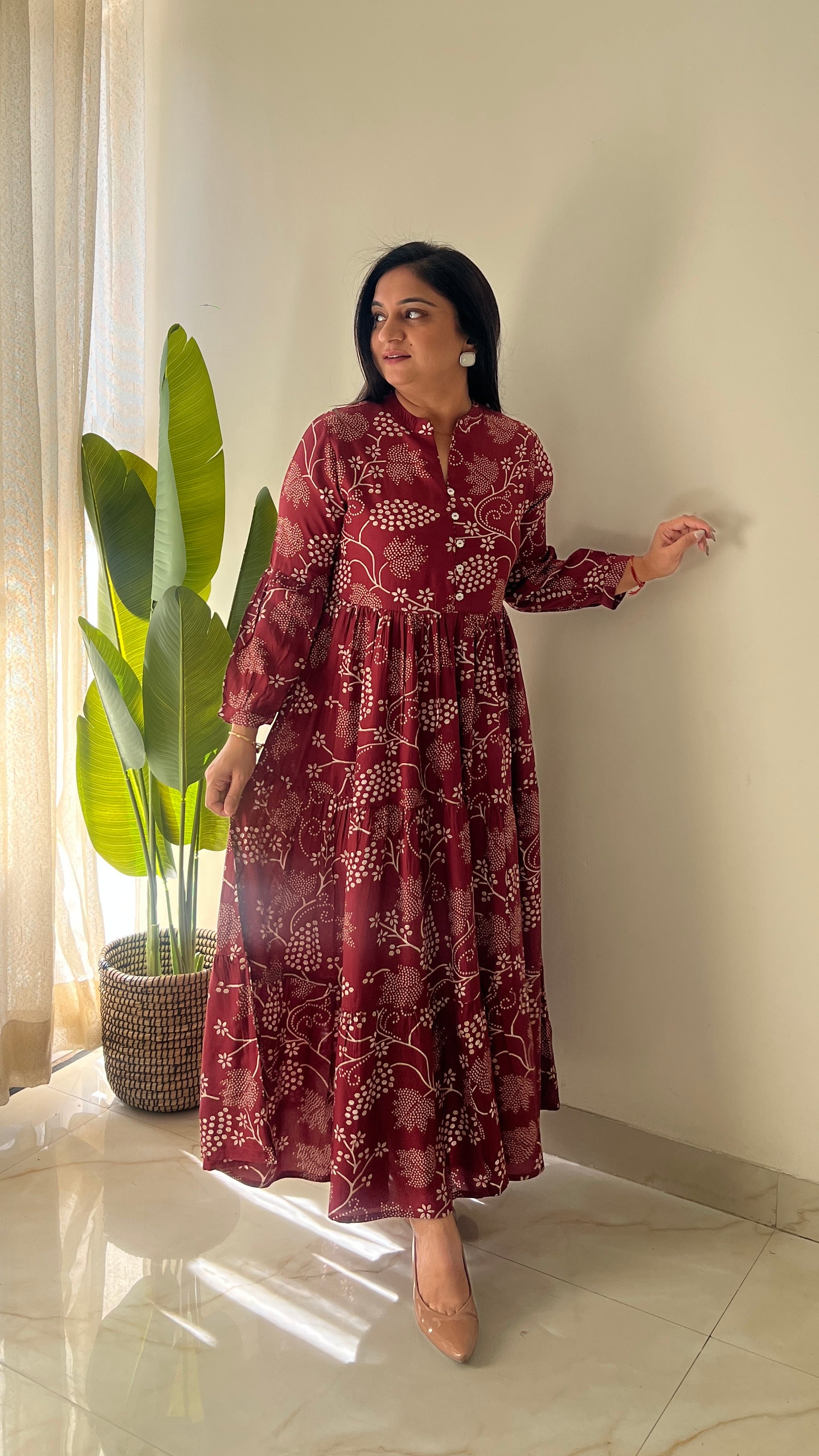 Sarfa Maroon Crystal Muslin Casual Long Dress