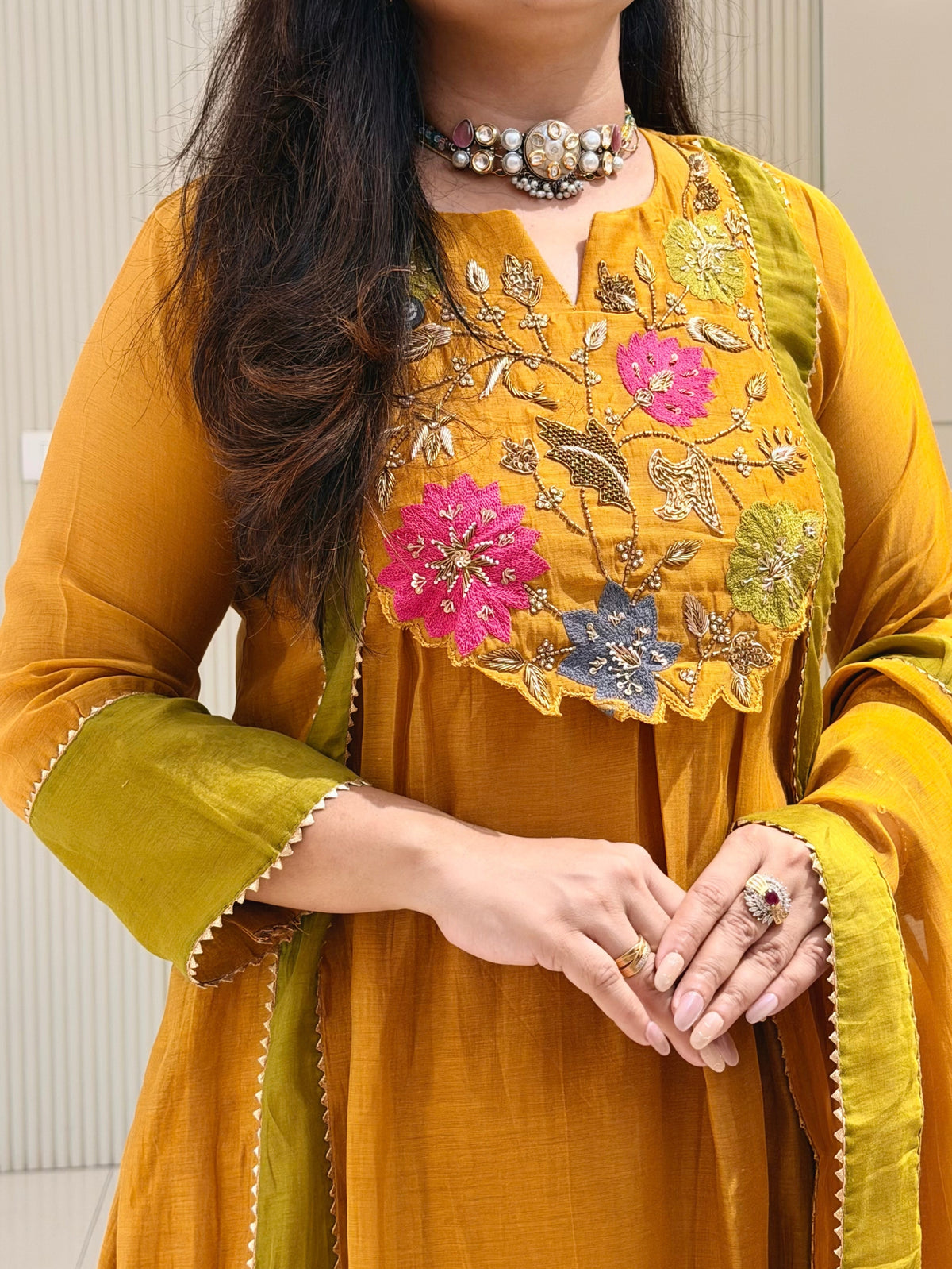 Sejal Yellow Mul Chanderi HandEmbroidered A-line Dupatta Set