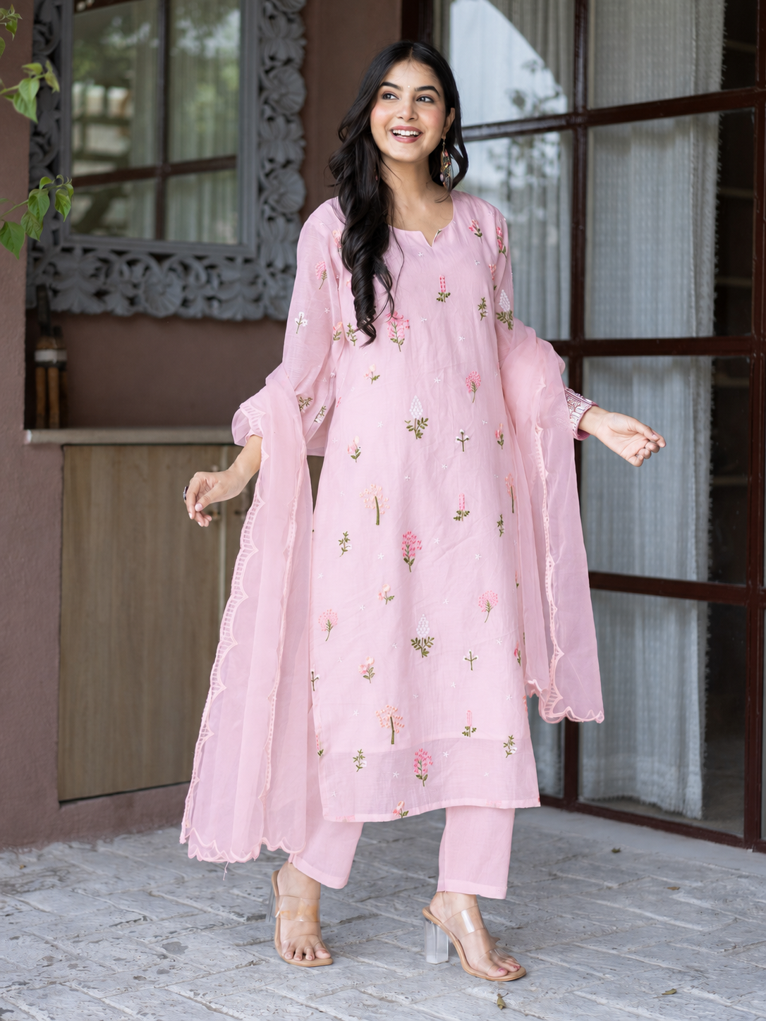Dolly Pink Mul Chanderi Embroidered Straight Dupatta Set