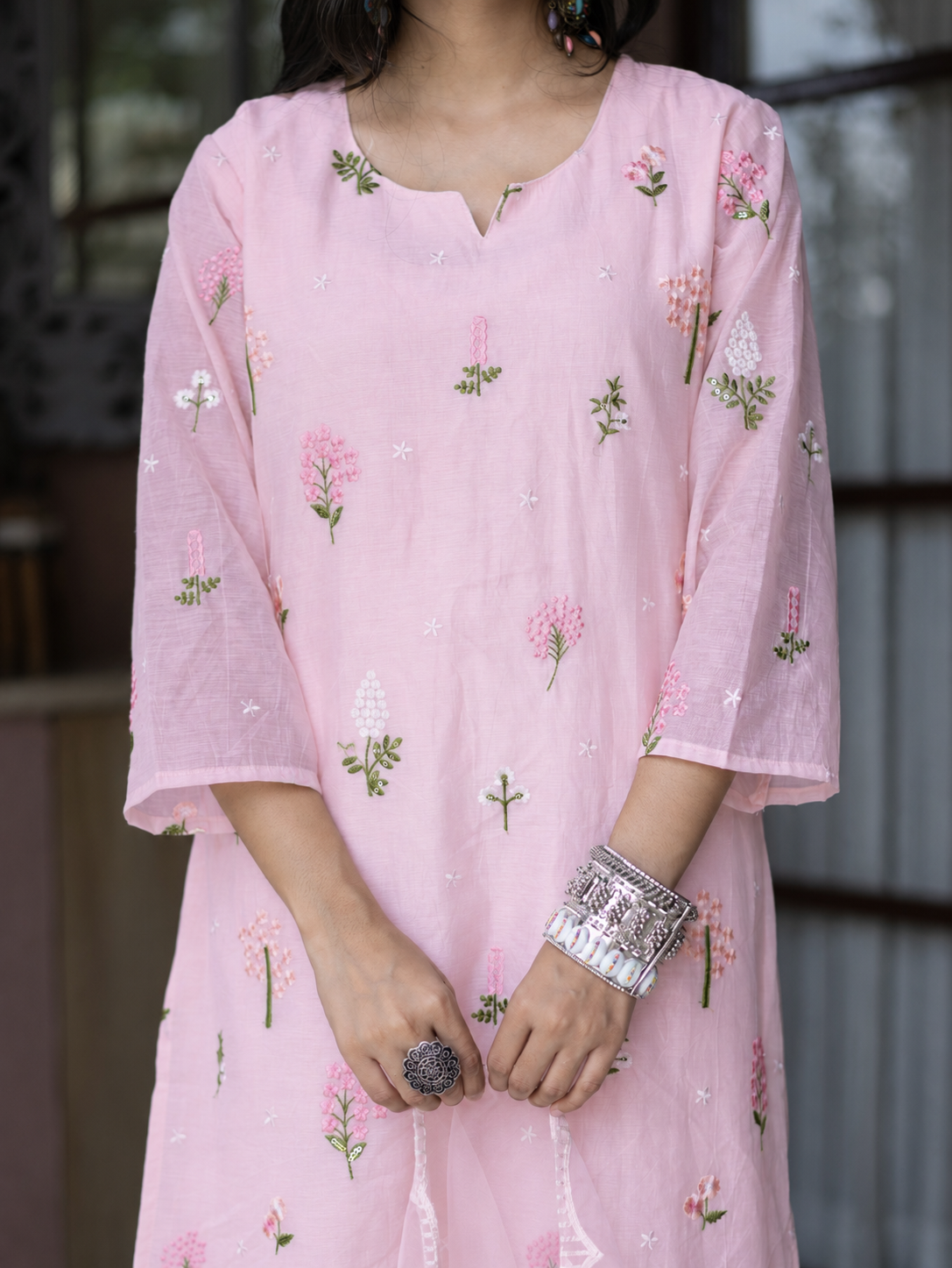 Dolly Pink Mul Chanderi Embroidered Straight Dupatta Set