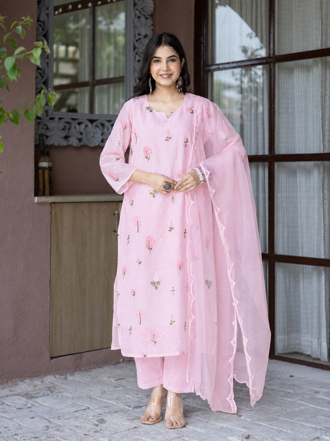 Dolly Pink Mul Chanderi Embroidered Straight Dupatta Set