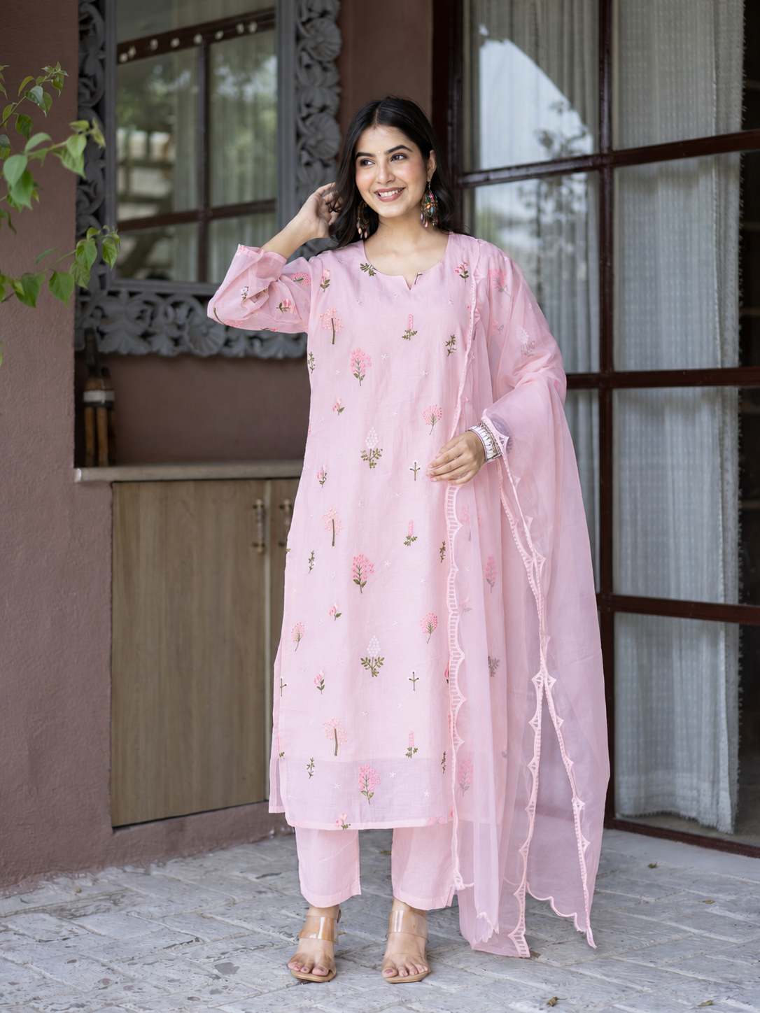 Dolly Pink Mul Chanderi Embroidered Straight Dupatta Set