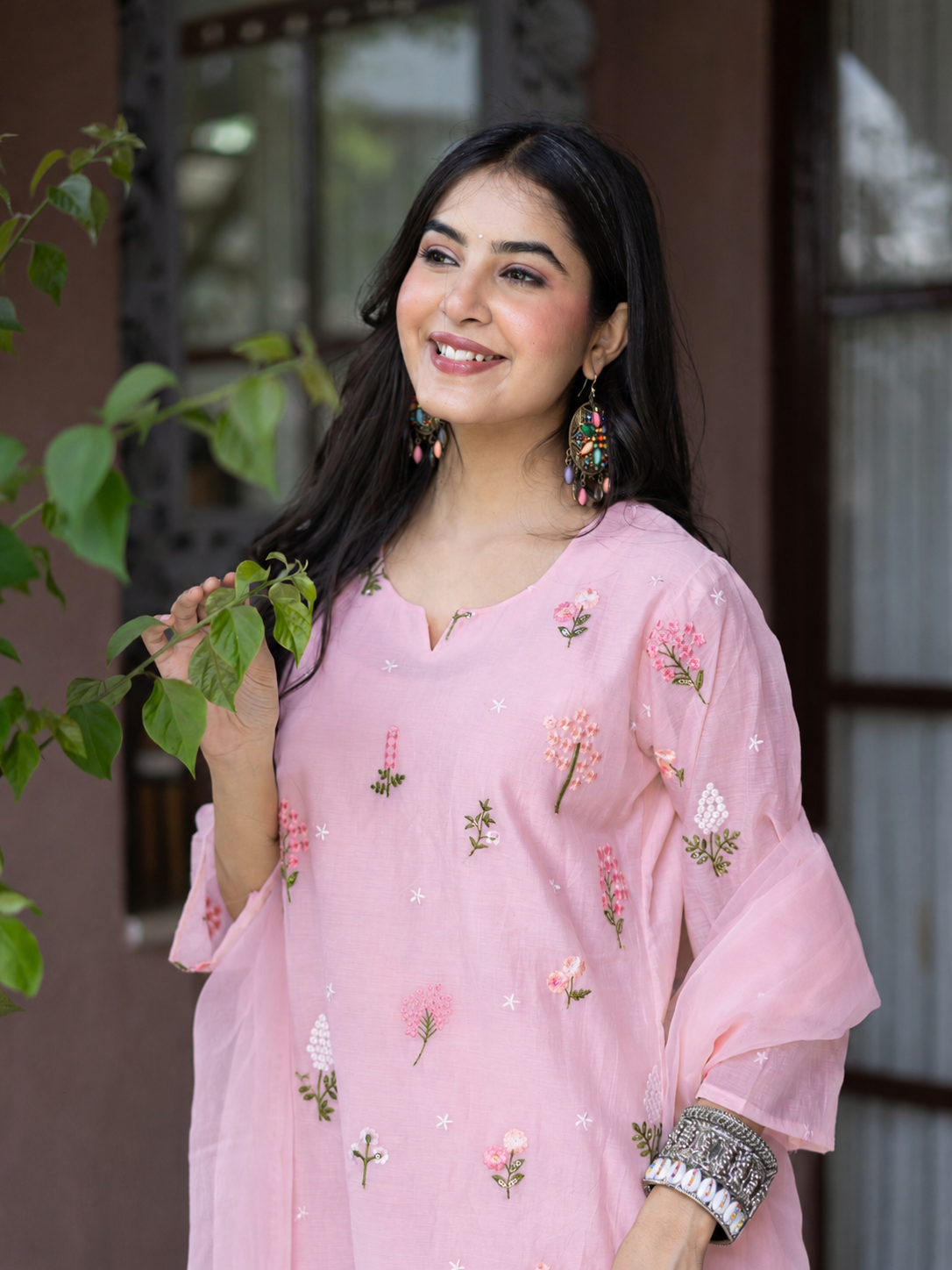 Dolly Pink Mul Chanderi Embroidered Straight Dupatta Set