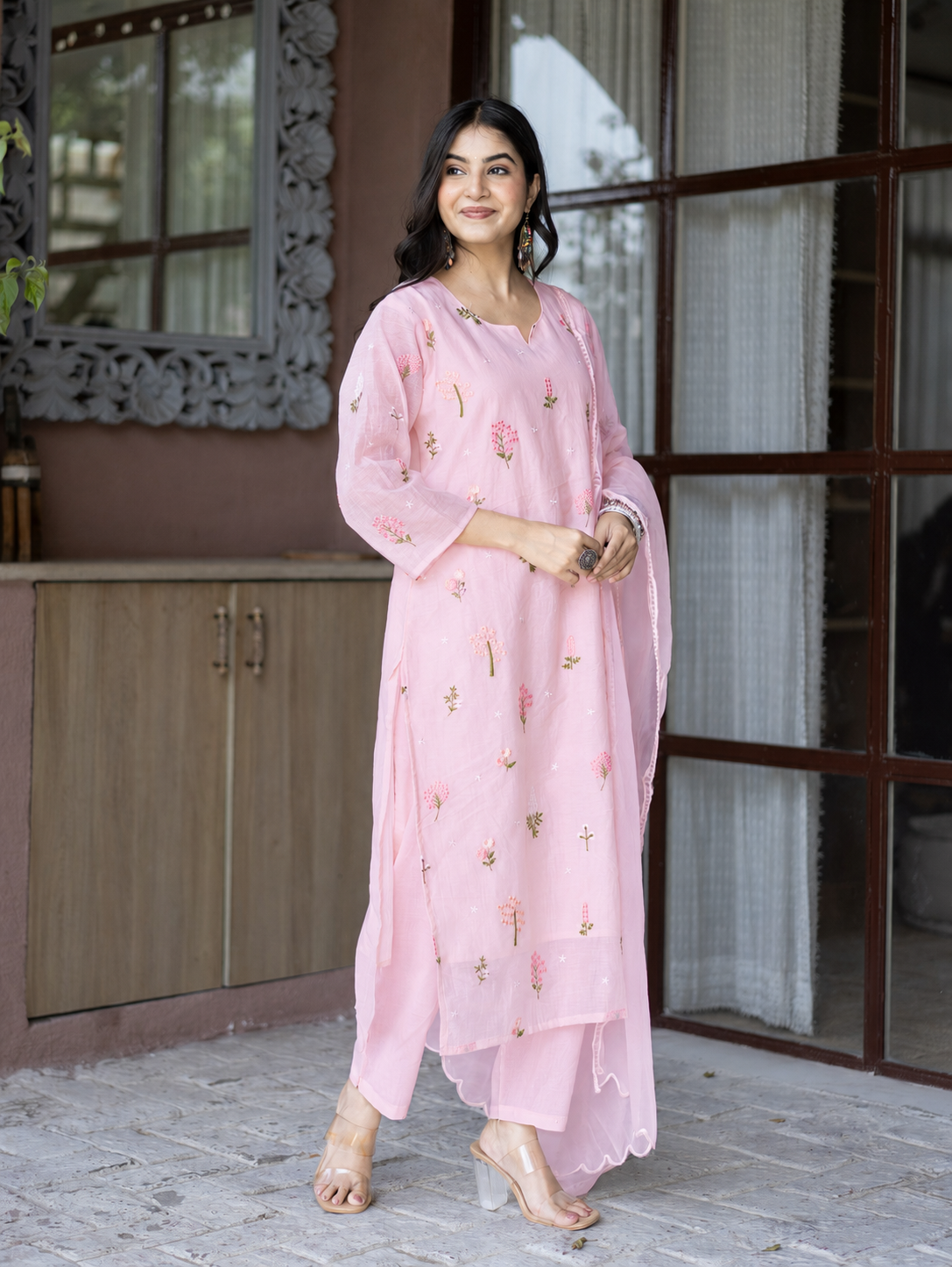 Dolly Pink Mul Chanderi Embroidered Straight Dupatta Set