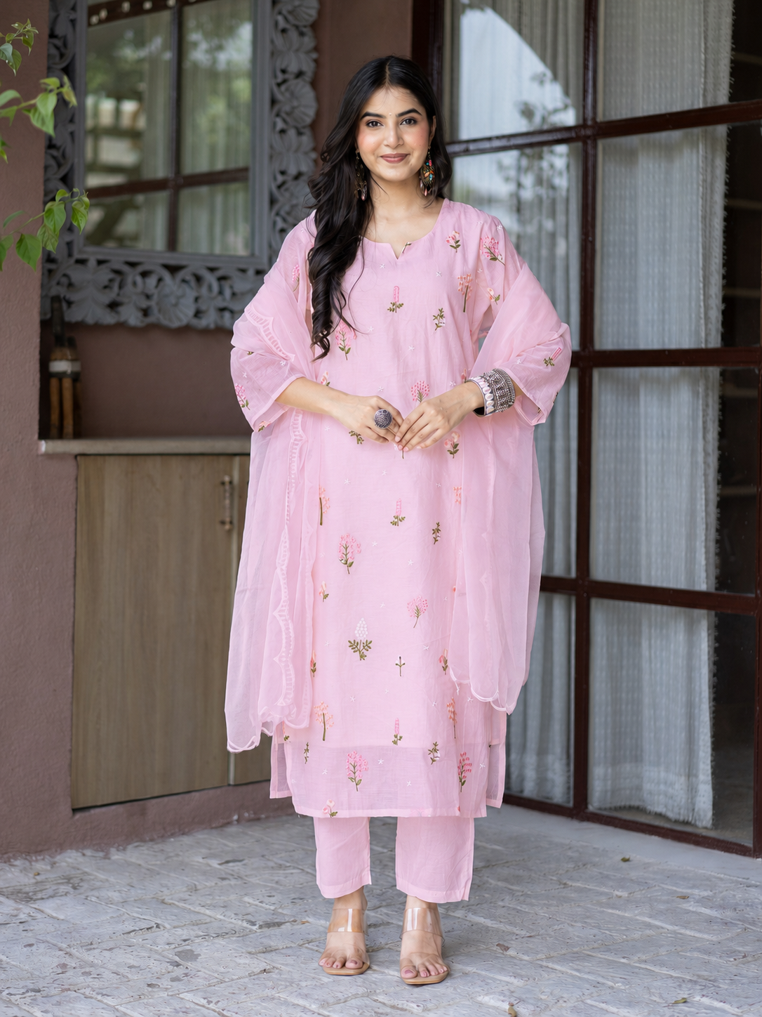 Dolly Pink Mul Chanderi Embroidered Straight Dupatta Set