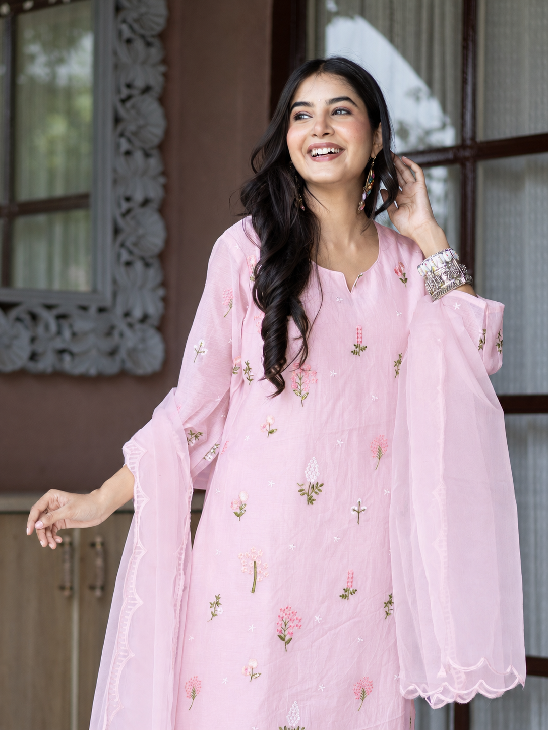 Dolly Pink Mul Chanderi Embroidered Straight Dupatta Set