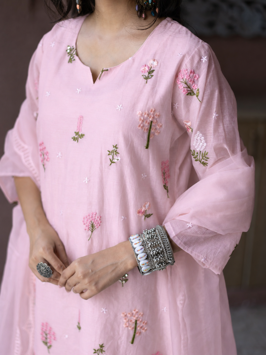 Dolly Pink Mul Chanderi Embroidered Straight Dupatta Set
