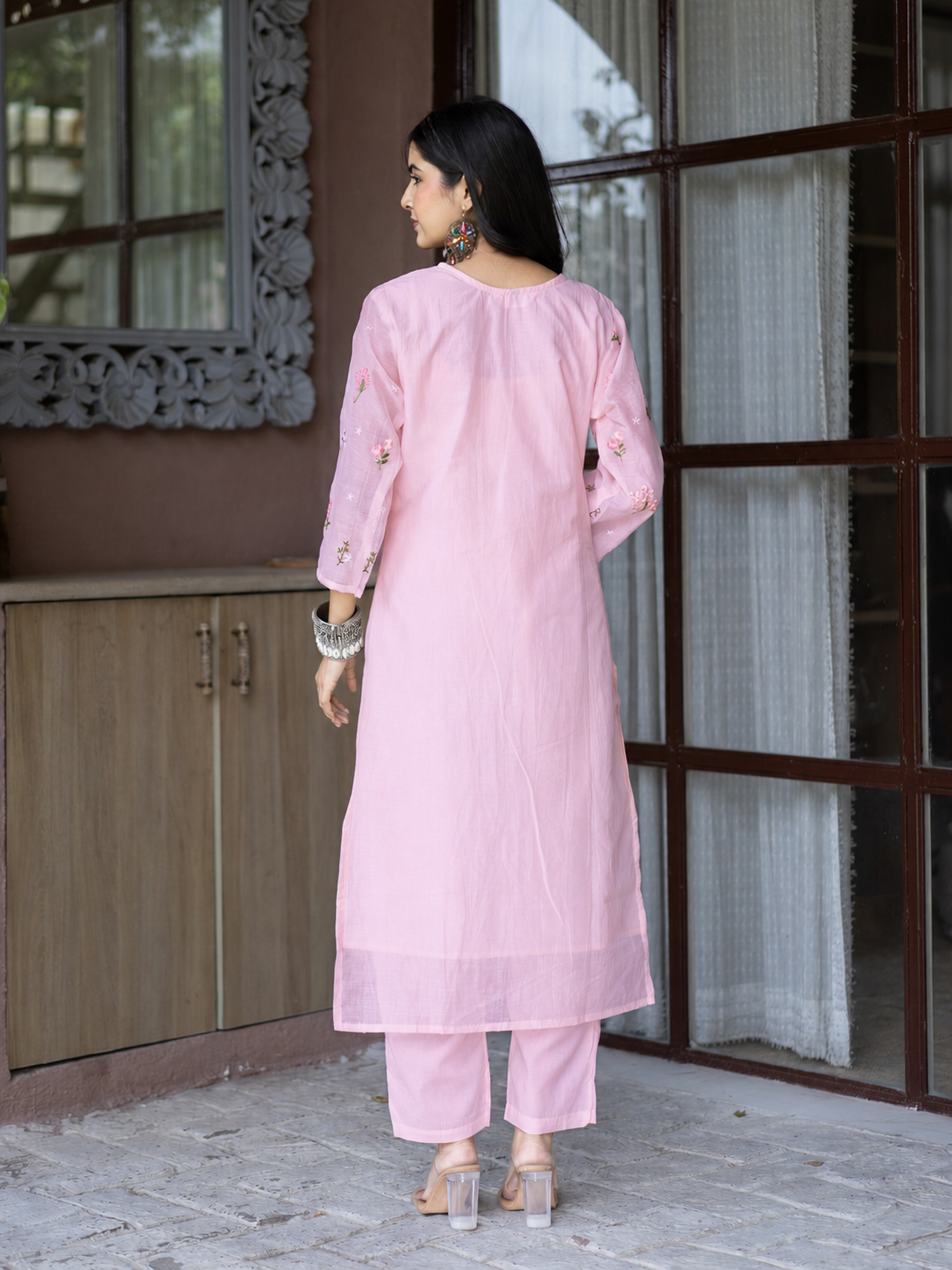 Dolly Pink Mul Chanderi Embroidered Straight Dupatta Set