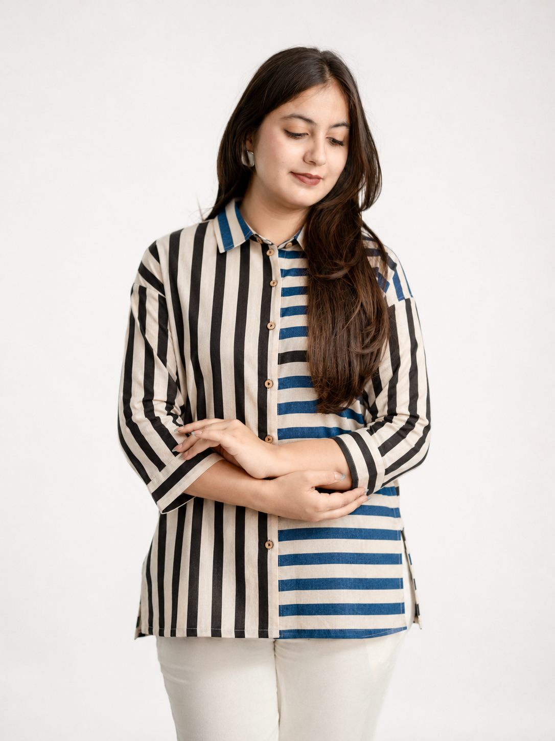 Tevsha-Blue Cotton Handblock Stripes Shirt