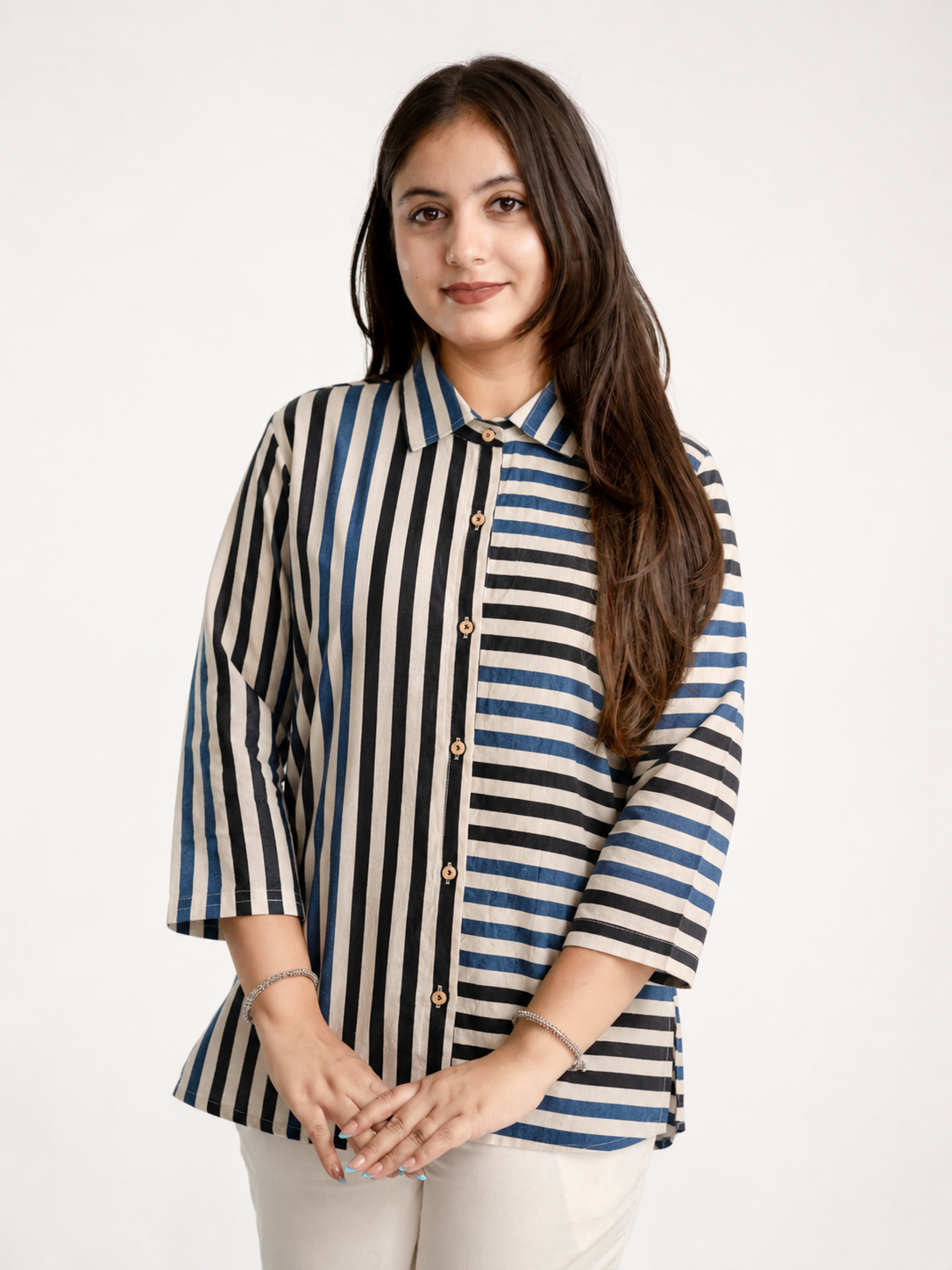 Tevsha-Blue Cotton Handblock Stripes Shirt
