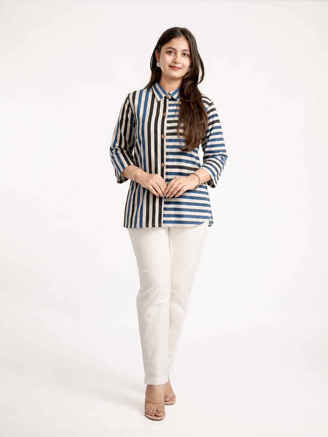 Tevsha-Blue Cotton Handblock Stripes Shirt