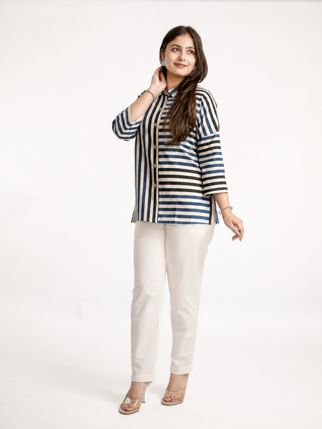Tevsha-Blue Cotton Handblock Stripes Shirt