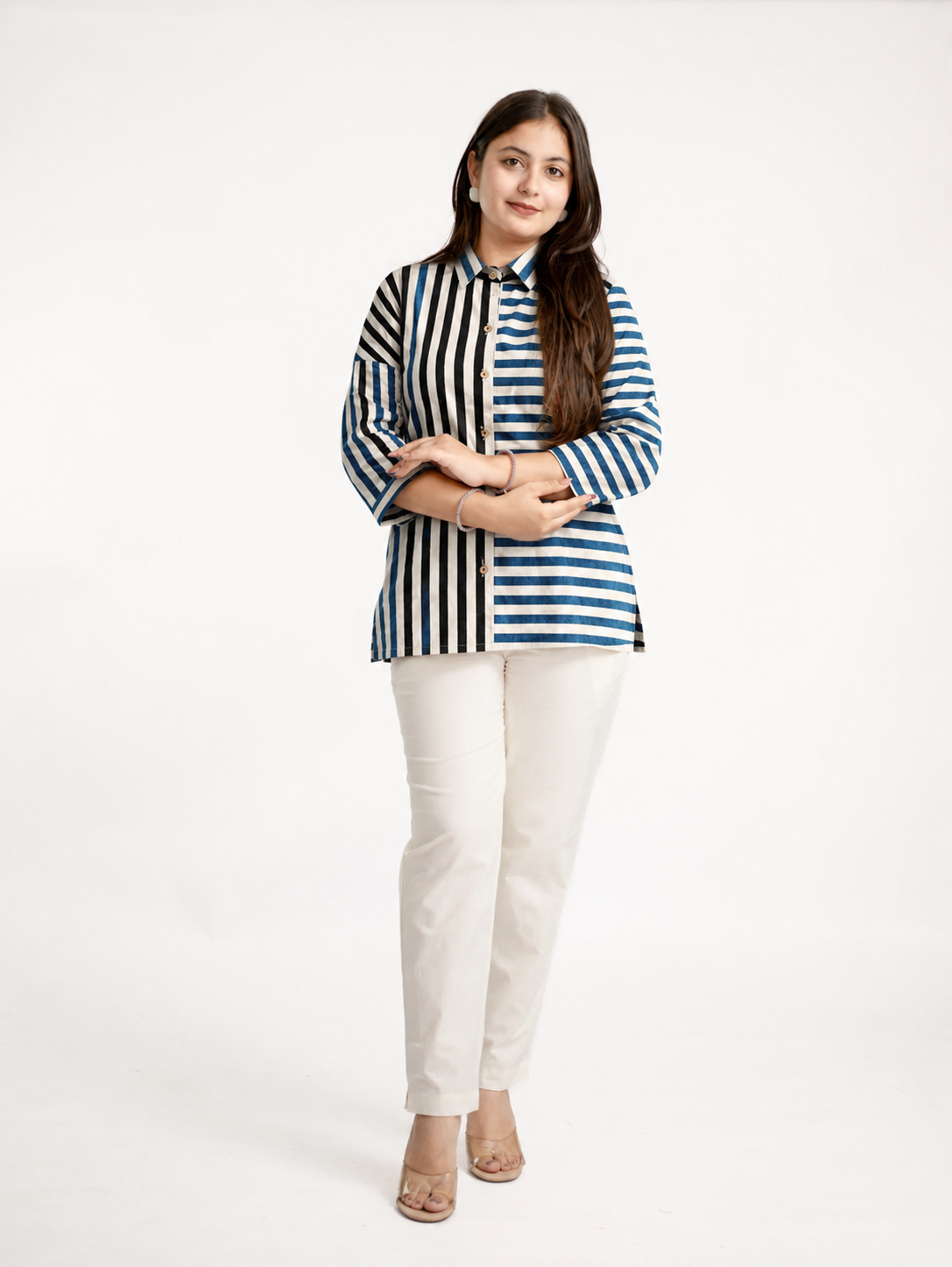 Tevsha-Blue Cotton Handblock Stripes Shirt