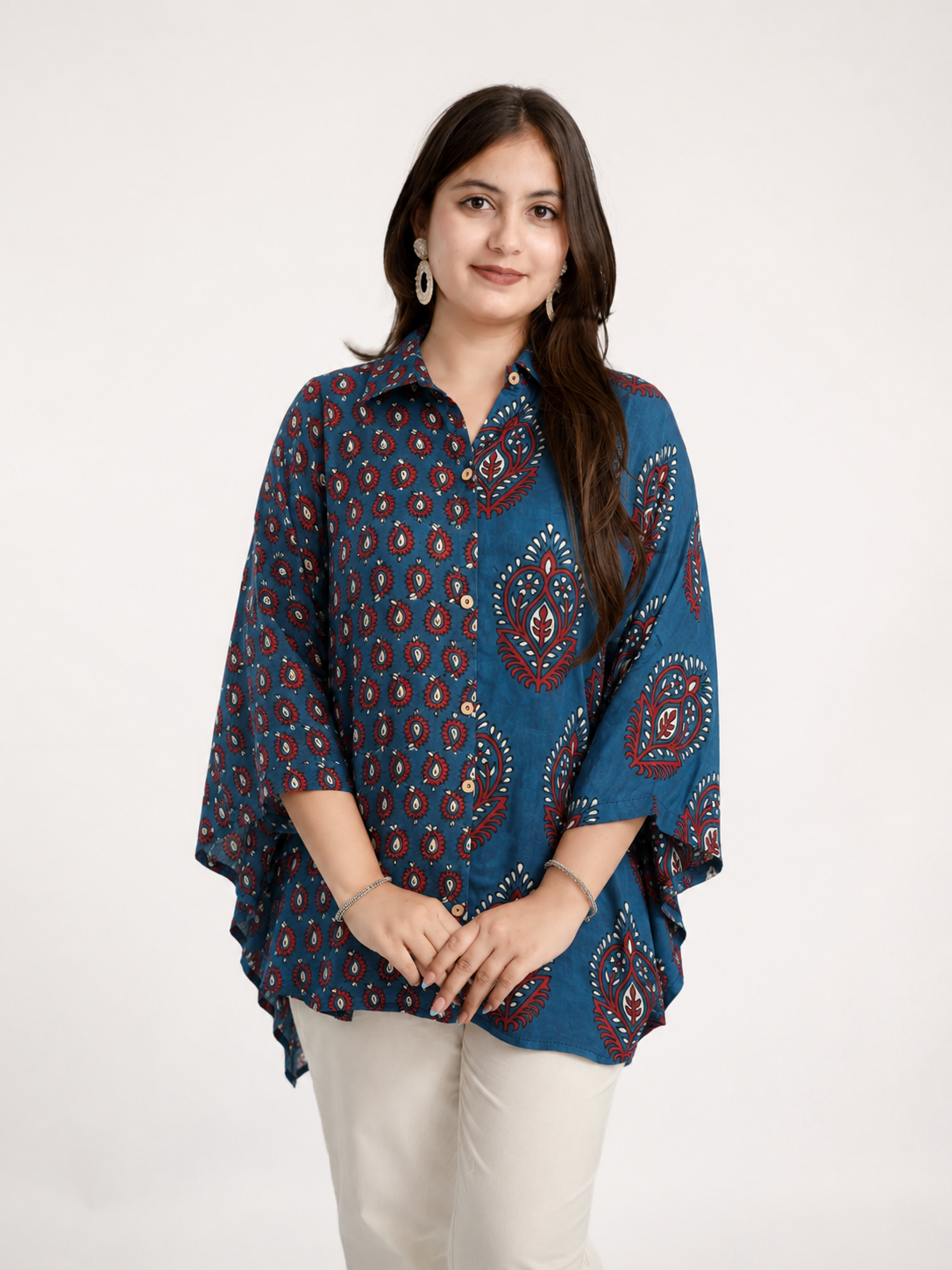Ruma Blue Muslin Handblock Kaftaan Shirt