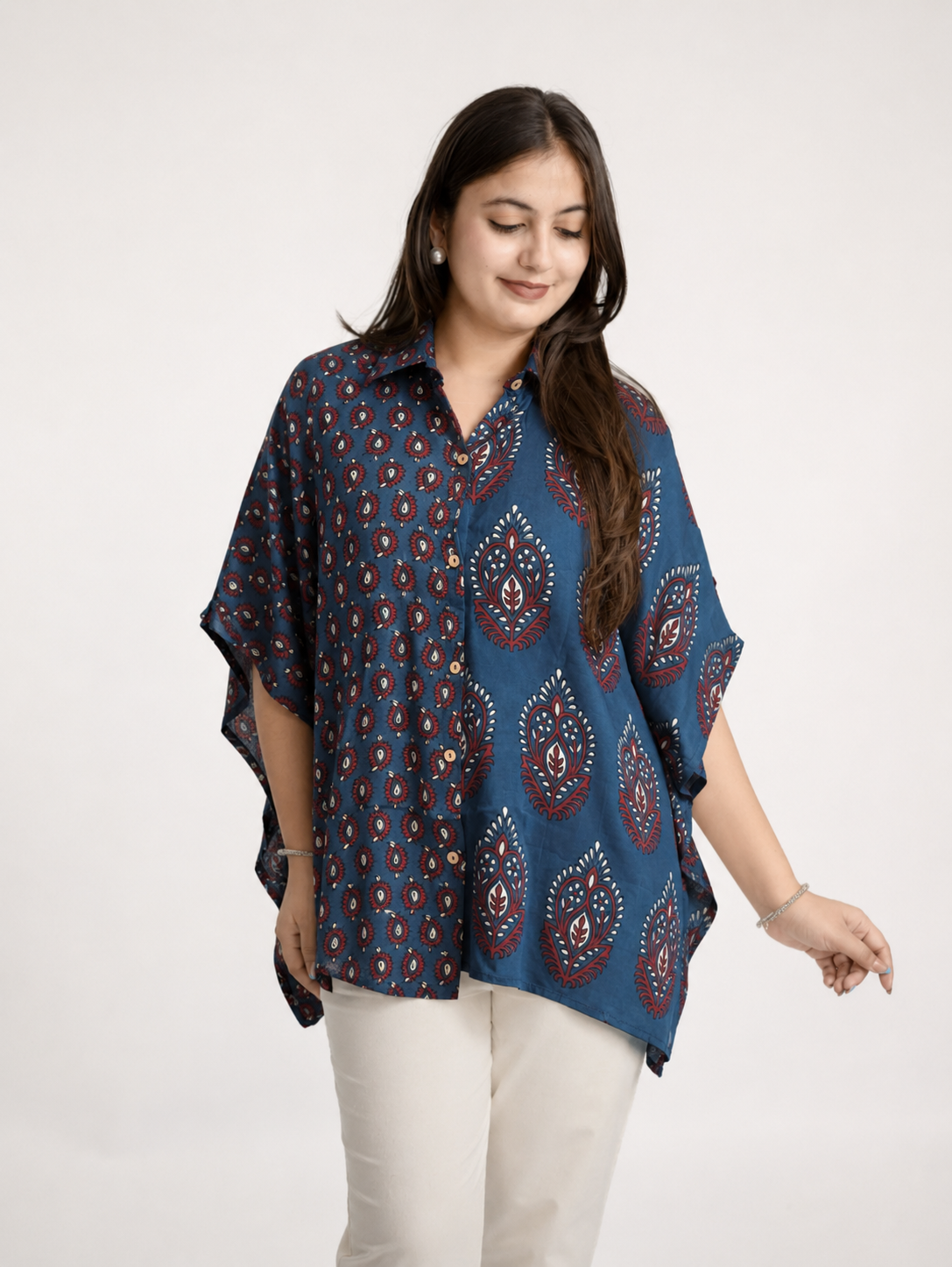 Ruma Blue Muslin Handblock Kaftaan Shirt