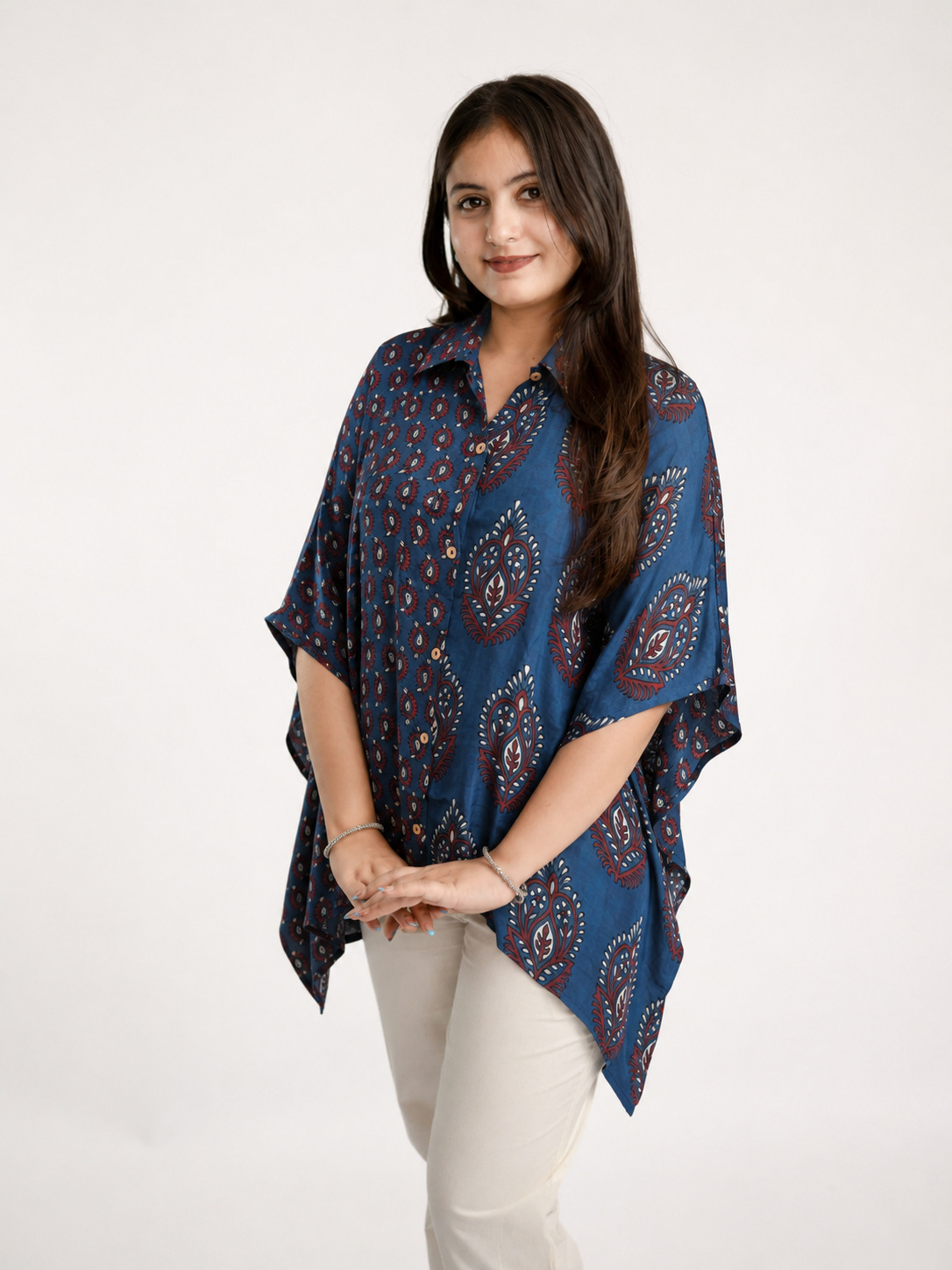 Ruma Blue Muslin Handblock Kaftaan Shirt