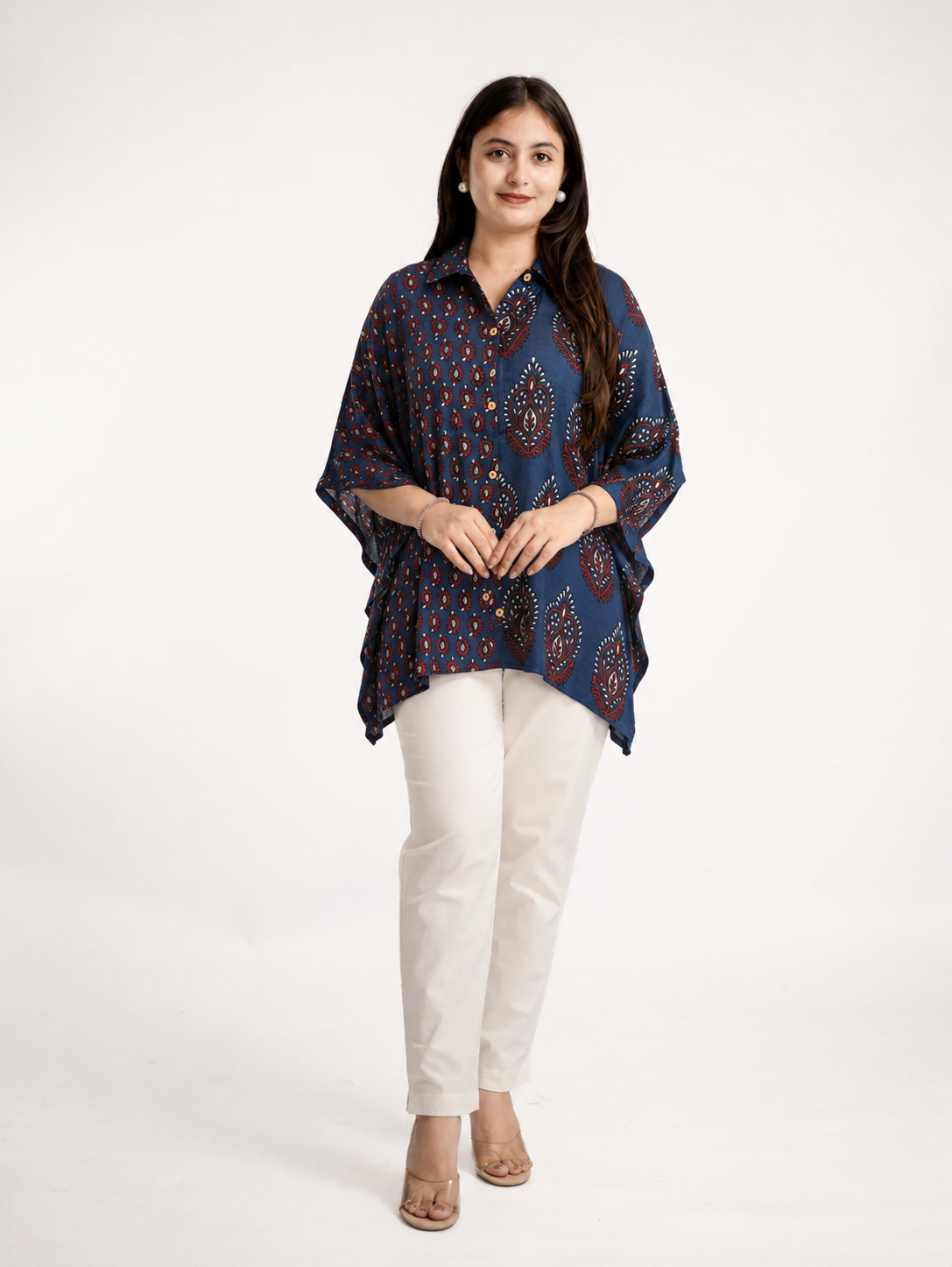Ruma Blue Muslin Handblock Kaftaan Shirt