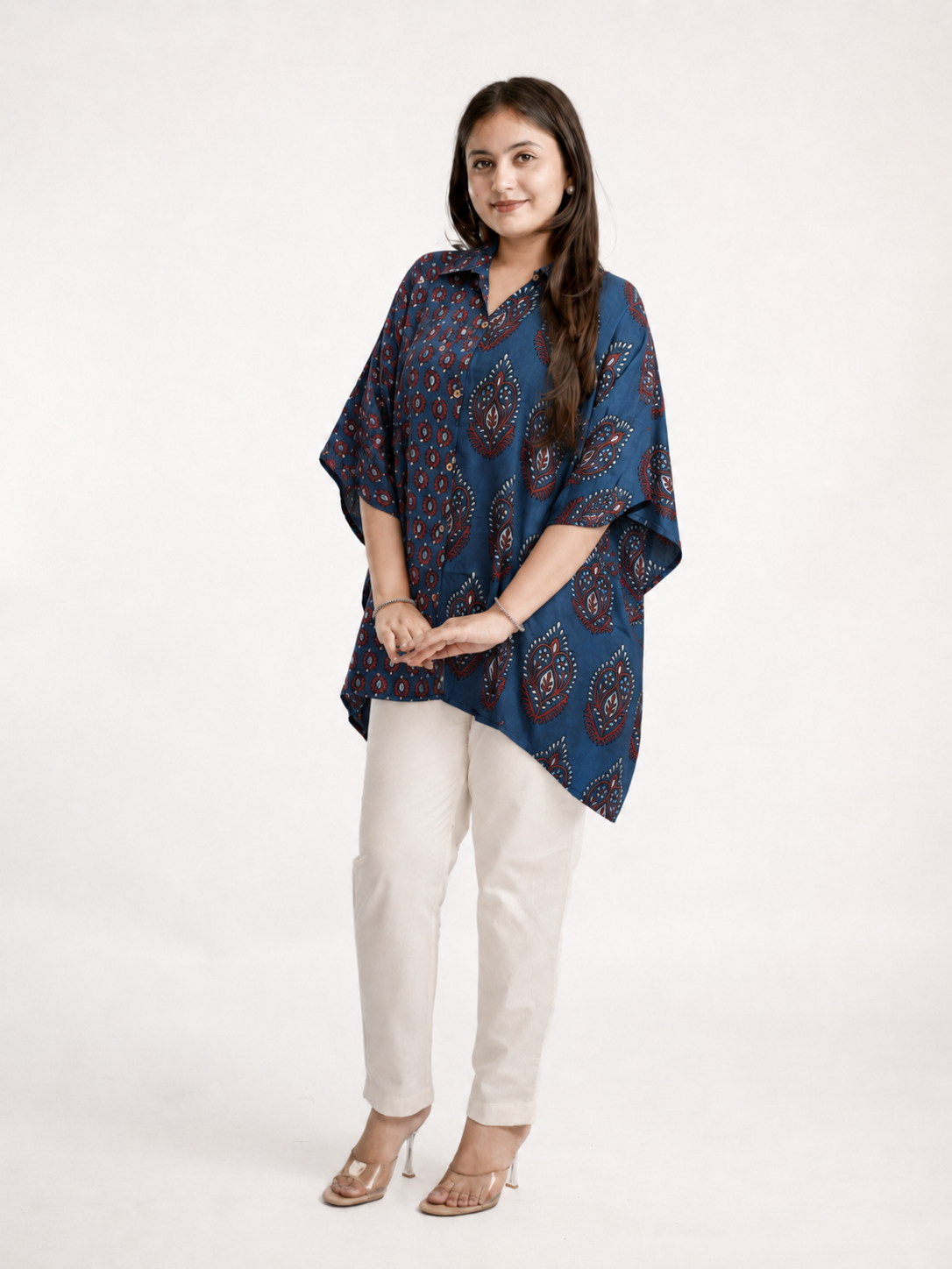Ruma Blue Muslin Handblock Kaftaan Shirt
