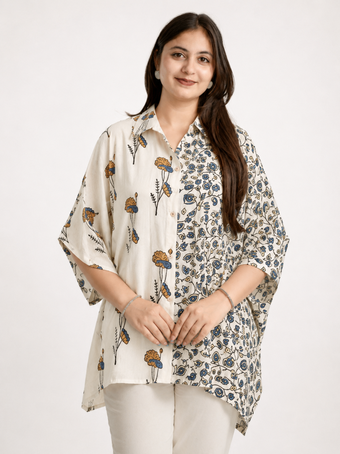 Ruma Beige Muslin Handblock Kaftaan Shirt