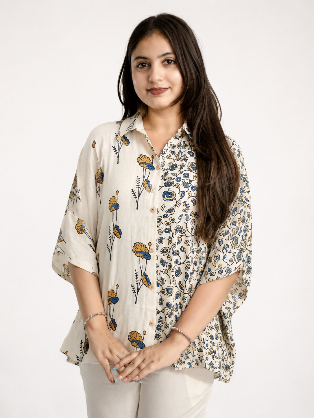 Ruma Beige Muslin Handblock Kaftaan Shirt