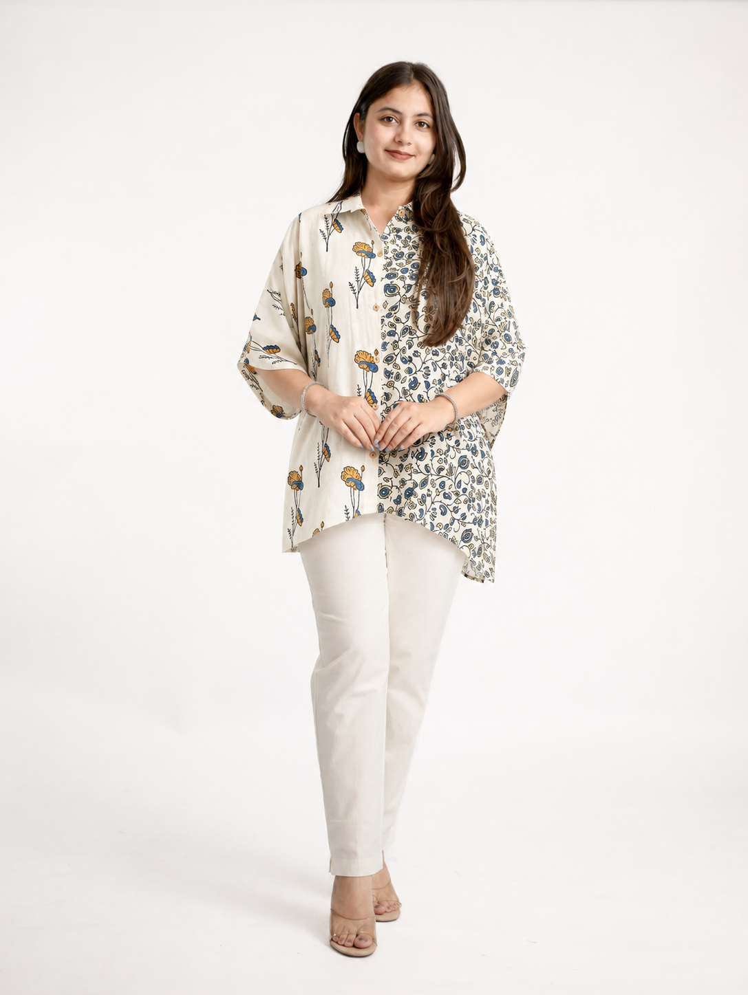 Ruma Beige Muslin Handblock Kaftaan Shirt