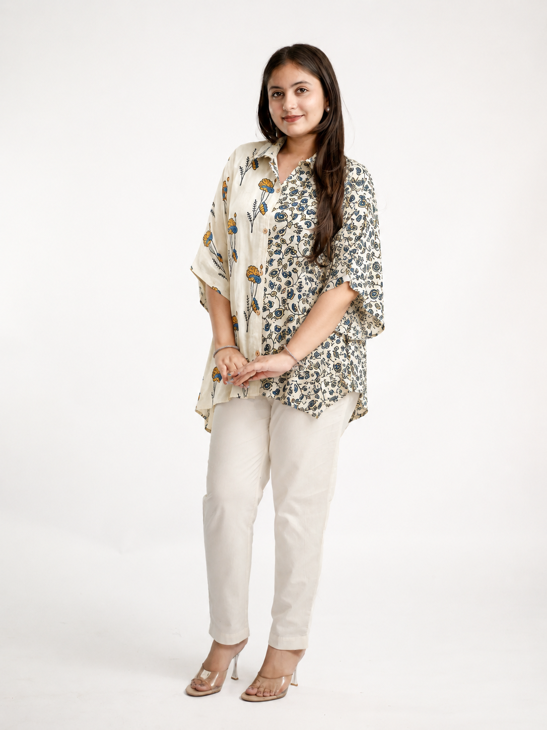 Ruma Beige Muslin Handblock Kaftaan Shirt