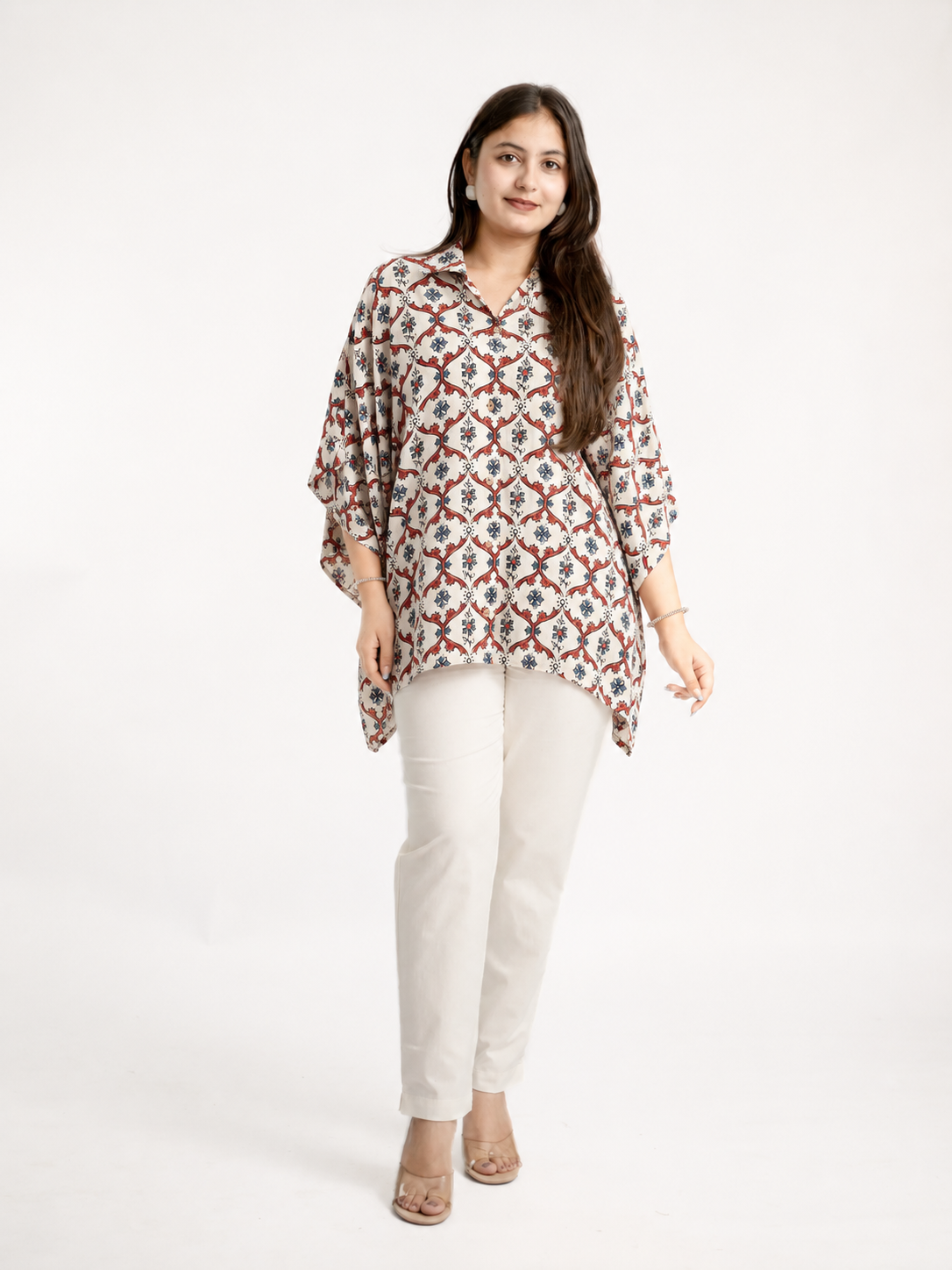 Ruma Beige Muslin Handblock Kaftaan Shirt