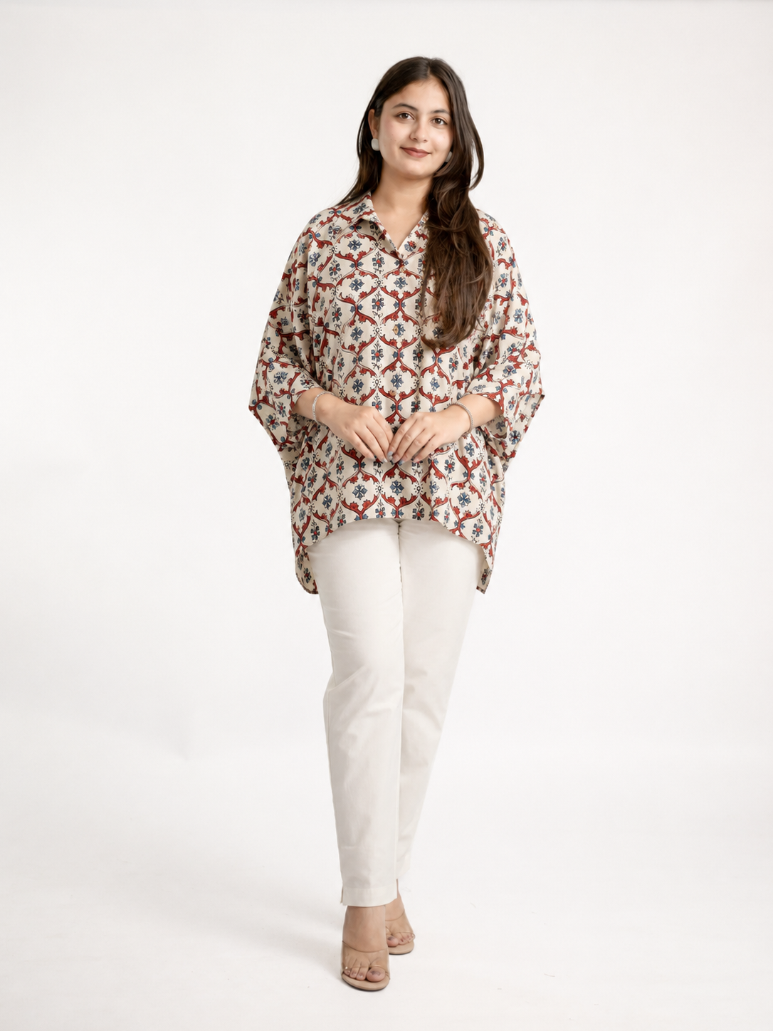 Ruma Beige Muslin Handblock Kaftaan Shirt