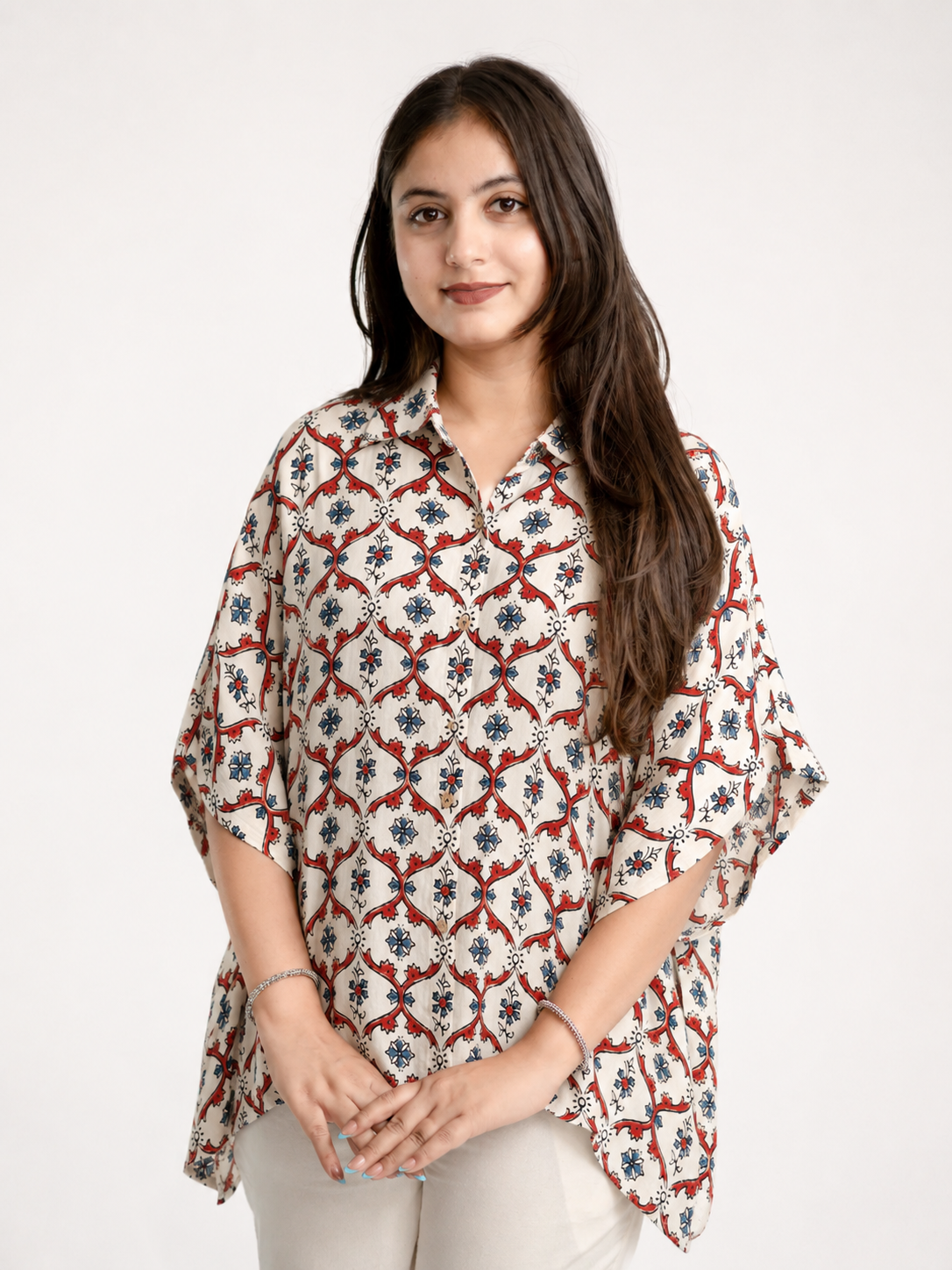 Ruma Beige Muslin Handblock Kaftaan Shirt
